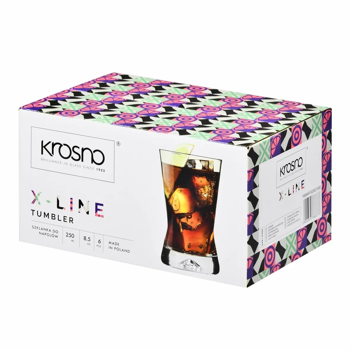 KROSNO | Szklanki do wody, soków, napojów i drinków | Komplet 6 x 250 ml | Kolekcja X‑Line | Ergonomiczny kształt litery X | Idealne na przyjęcia i imprezy | Nowoczesny design | Do zmywarki
