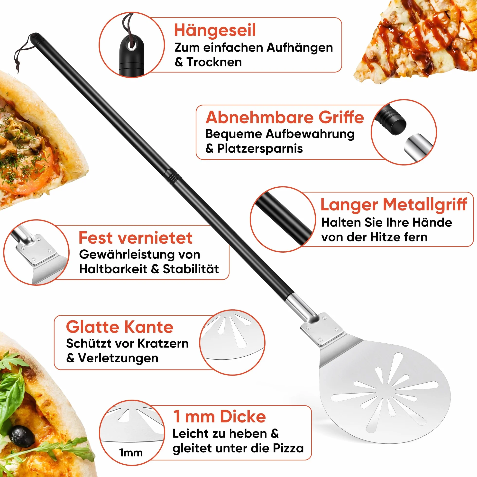 TEAMFAR Łopatka do pizzy, 20,3 x 22,7 x 110 cm, perforowana stal nierdzewna, okrągła, duży obszar i zdejmowany uchwyt