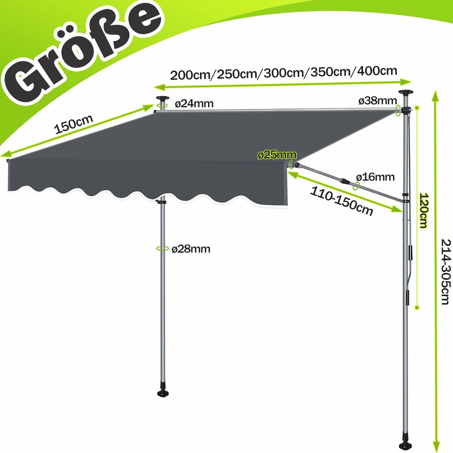 Markiza zaciskowa o szerokości 350 cm, balkonowa, bez wiercenia, regulacja wysokości 214-305 cm, ochrona przed słońcem na balkon, wysuwana do 150 cm, z poliestru 180 g/m², UV50+, antracytowa