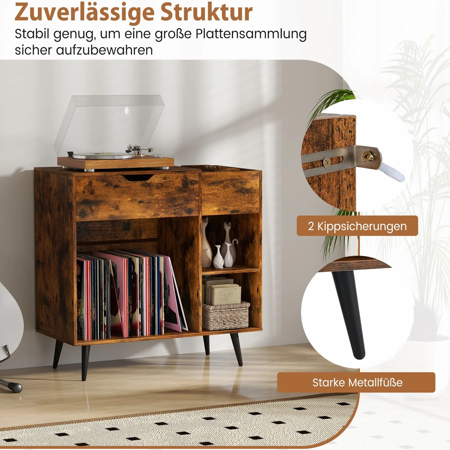 COSTWAY Stojak na gramofony, szafka z gniazdkiem, USB i typ C, szafka na płyty winylowe z szufladą i otwartą półką, stojak na płyty gramofonowe do albumów, płyt CD