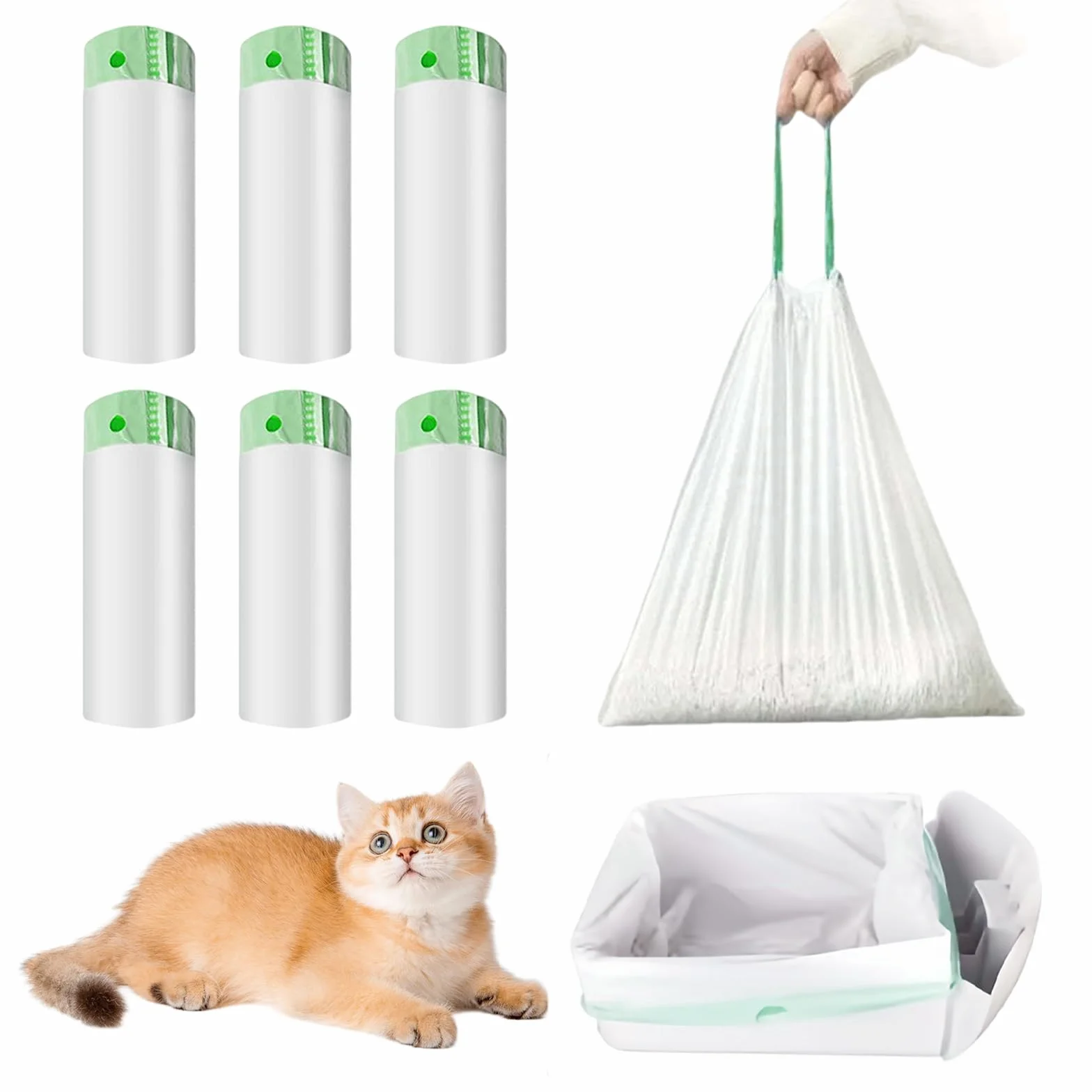 Torba na łóżko dla kota, 120 sztuk, 67 x 40 cm, torba na śmieci dla kota ze sznurkiem, higieniczna kuweta dla kota, odporna na rozdarcia torba na kuwety dla dużych rozmiarów