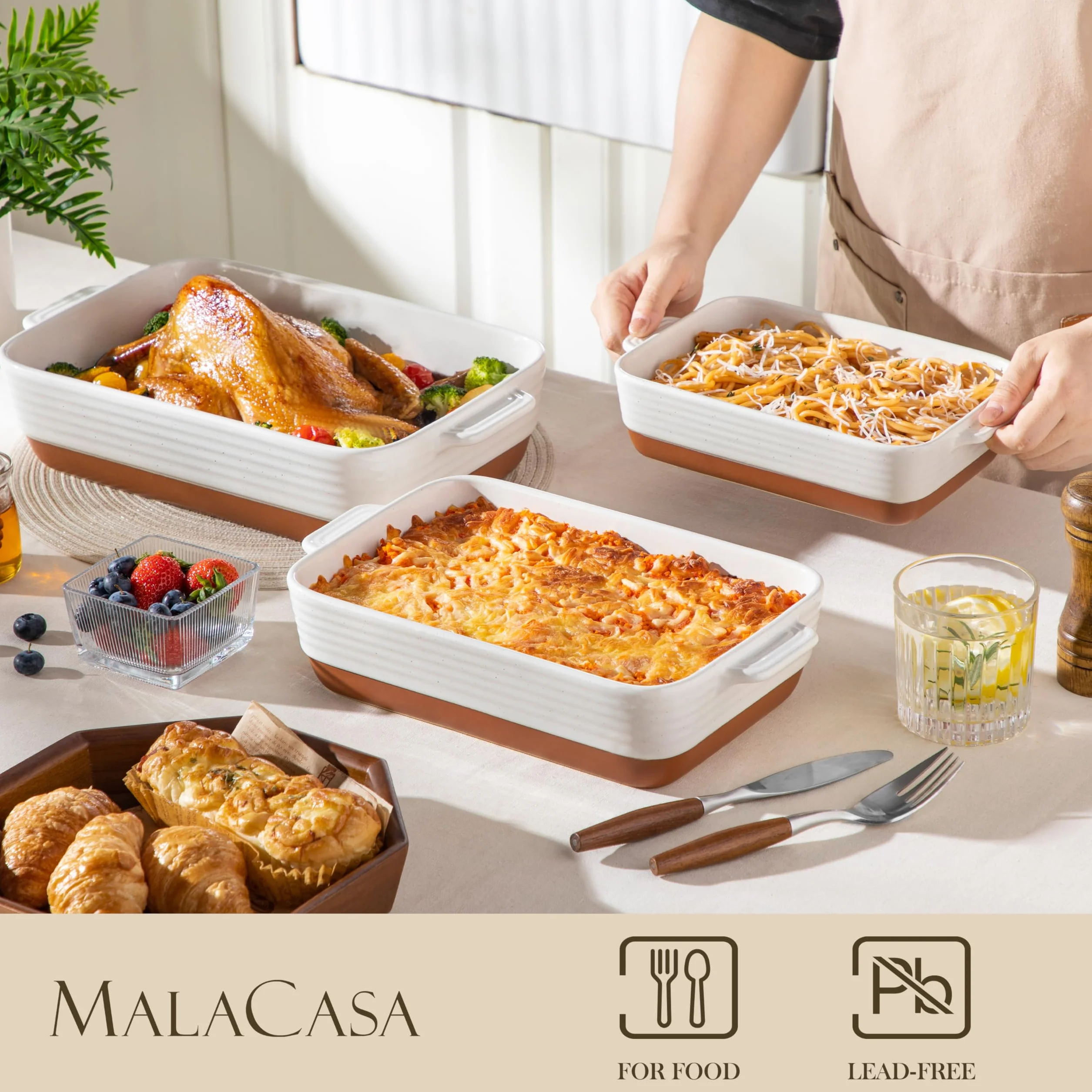 MALACASA Naczynia do zapiekanek do piekarnika, ceramiczne naczynia do pieczenia, zestaw 3 sztuk, 1,45/2,7/3,8 l, prostokątna forma do pieczenia, głębokie naczynia do lasagne z uchwytami, khaki biała