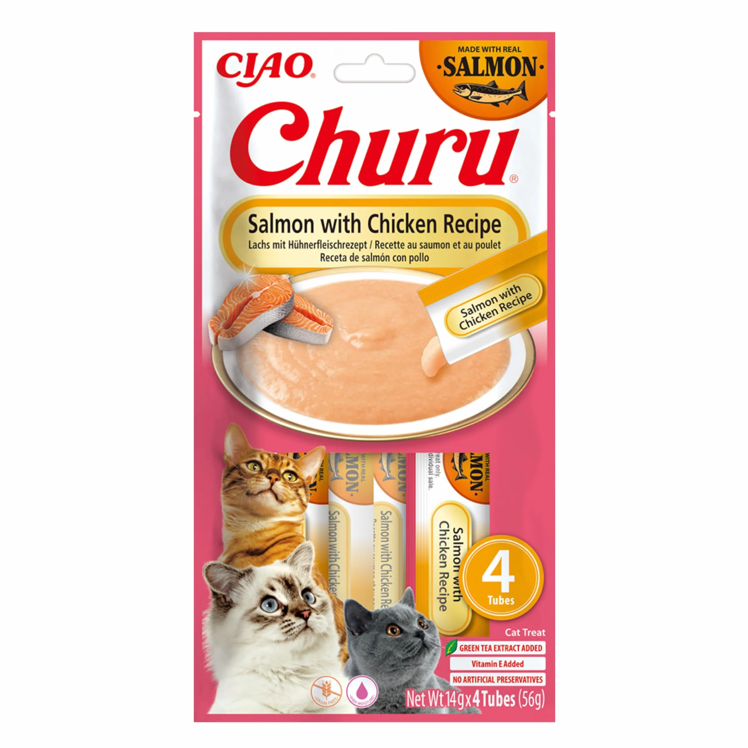INABA Churu Puree Kremowe przysmaki dla kotów, wysokiej jakości białka z łososiem i kurczakiem, 56 g (1 opakowanie), przekąski dla kotów w jakości premium