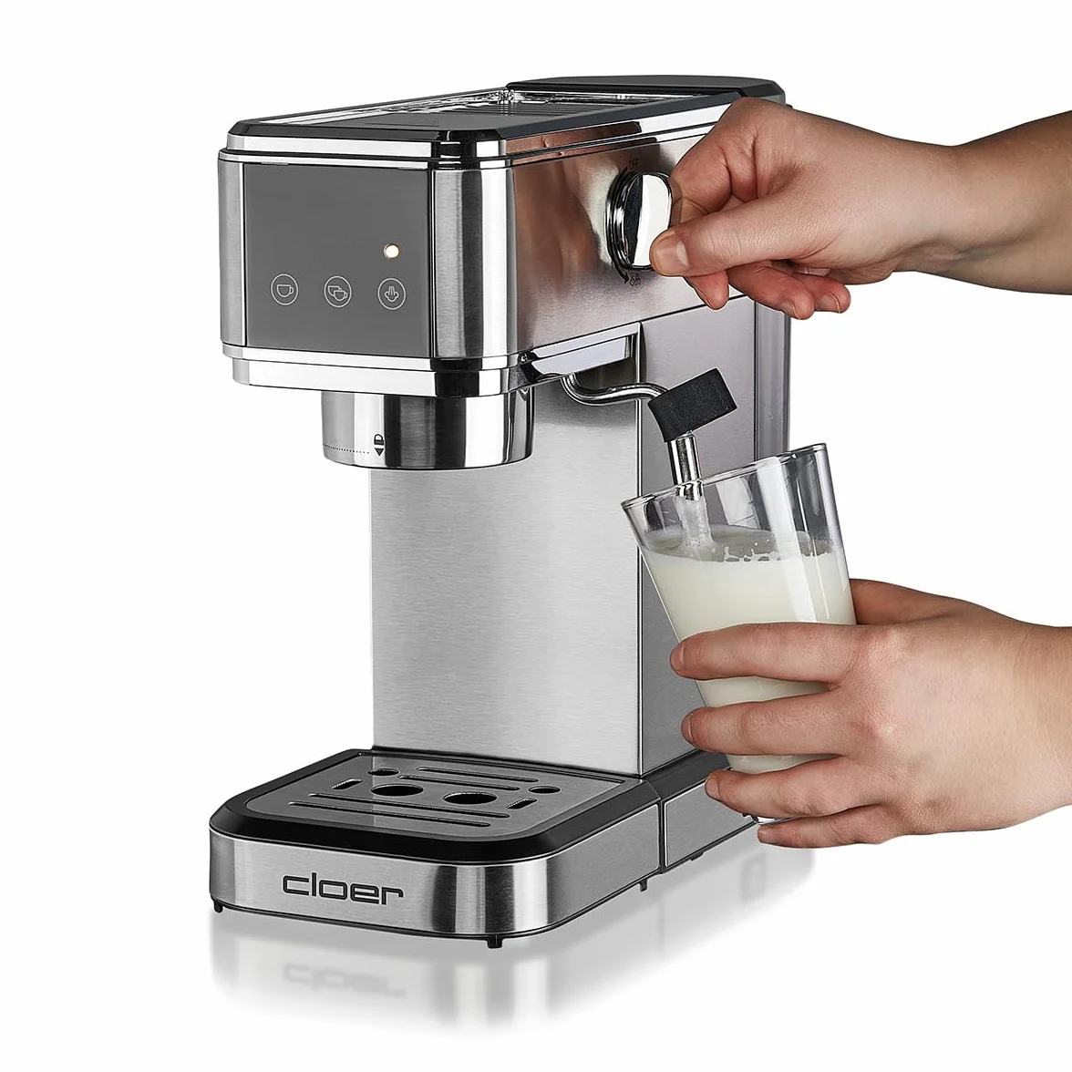 Cloer 5829 Ekspres do Espresso z Portafiltrem i Spieniaczem, Pompa 20 Barów, 1-2 Filiżanki Espresso, Cappuccino, Latte Macchiato, Zbiornik na Wodę o Pojemności 1 litra, 1350W