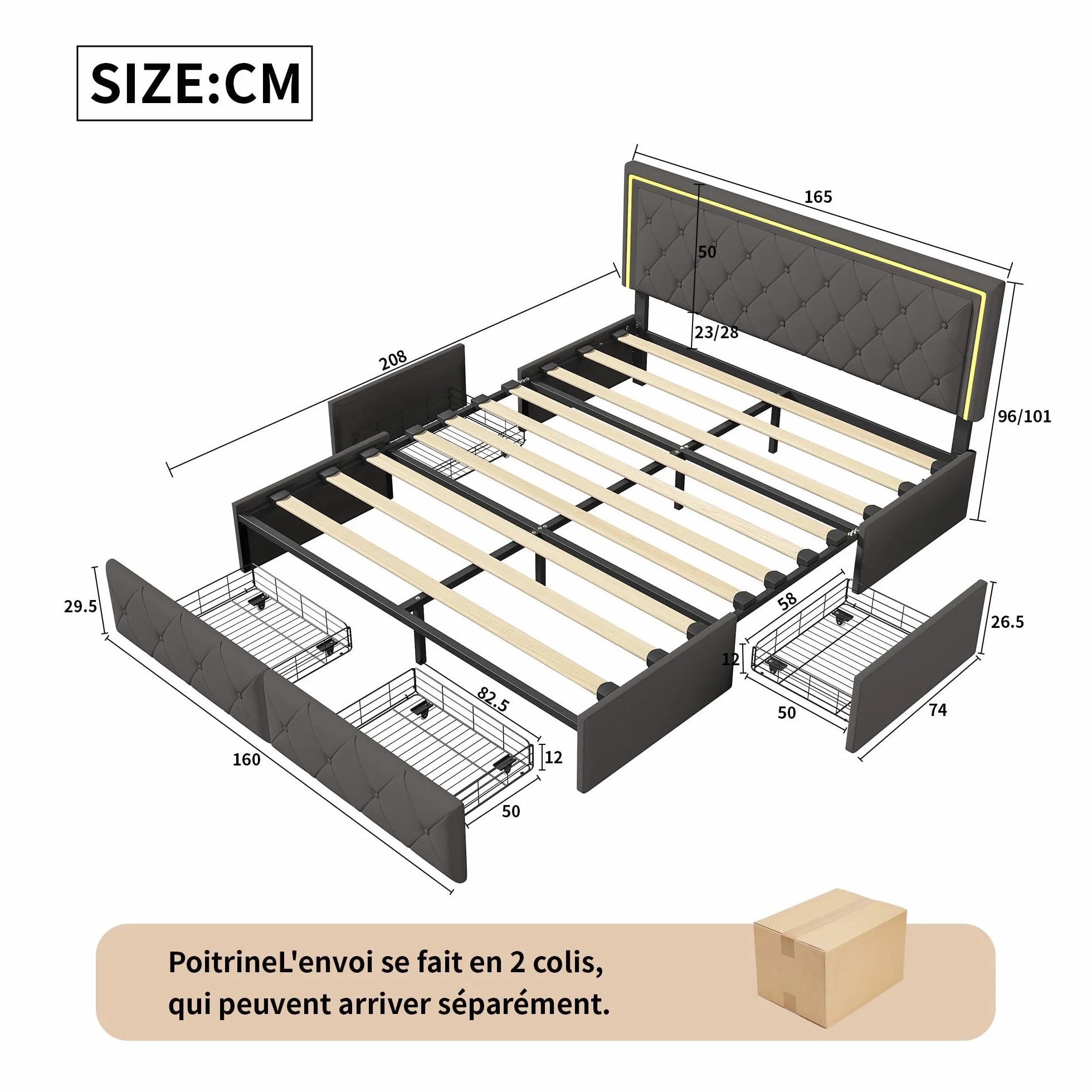 Łóżko tapicerowane, 160 x 200 cm z oświetleniem LED, podwójne łóżko z 4 przegródkami do przechowywania, rama łóżka podwójnego ze stelażem, łóżko podwójne, bez materaca, PU, szare