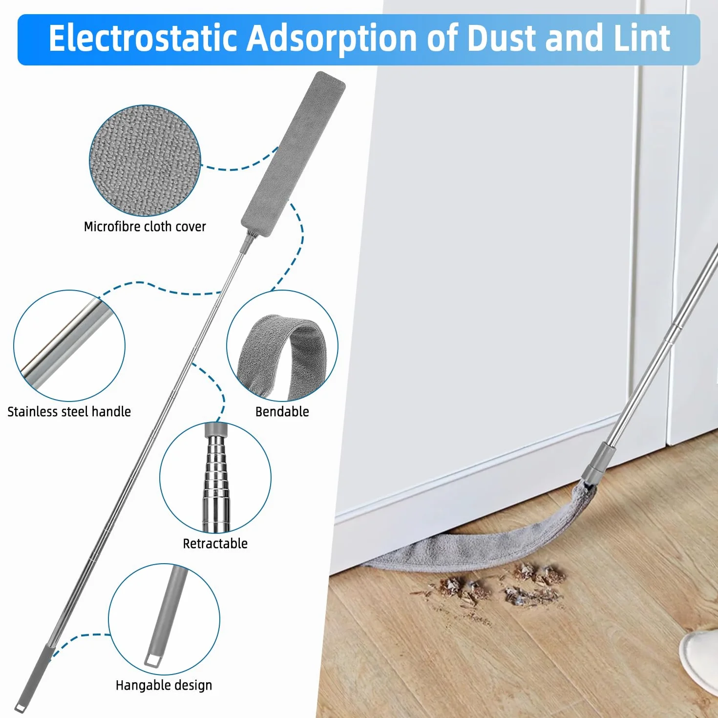 Bixury Szczotka do Czyszczenia Kurzu z Wysuwaną Szczeliną Pędzel do Kurzu z Mikrofibry Teleskopowa Wysuwana Szczelina Dust Cleaner Szczotka z 4 Zmywalnymi ściereczkami do Czyszczenia Szczelin