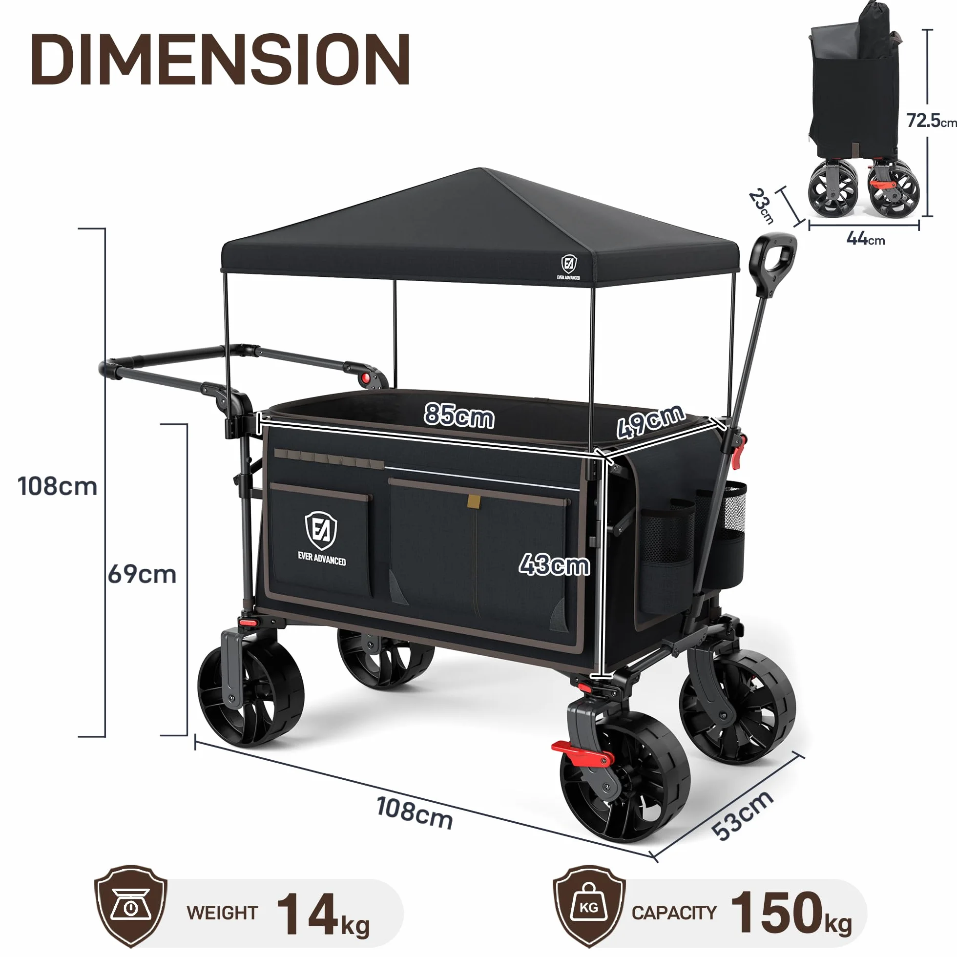 EVER ADVANCED Wózek festiwalowy 225 l na kółkach ze zdejmowanym baldachimem, wytrzymały wózek kempingowy 150 kg, wózek plażowy typu push & pull z 3 dużymi kieszeniami, ogrodowy składany wózek