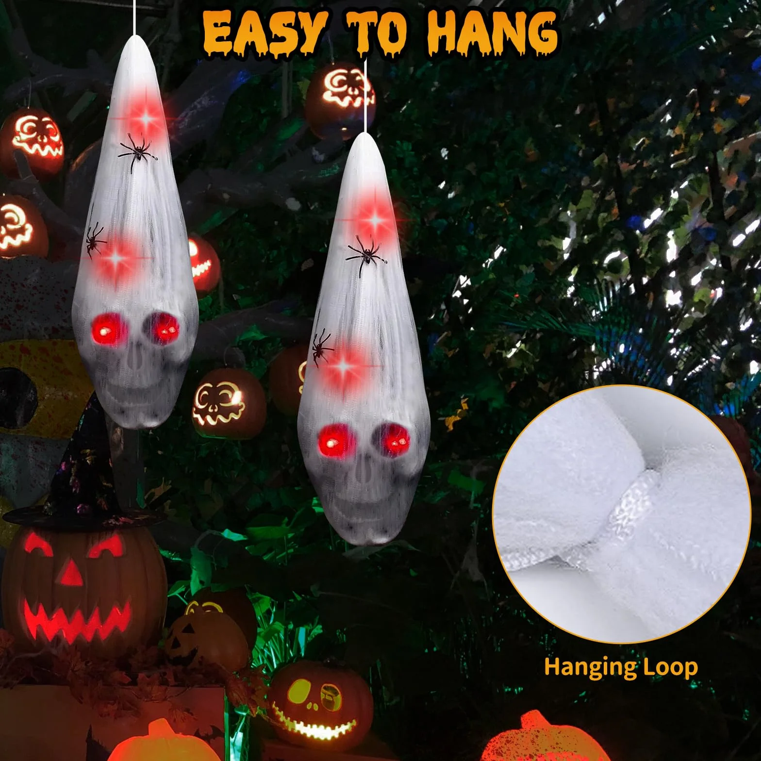 2 dekoracje do zawieszenia na Halloween, czaszka na świeżym powietrzu z 2 pająkami, dekoracja na Halloween, czerwone oko, trupia czaszka, oświetlenie czerwonych oczu