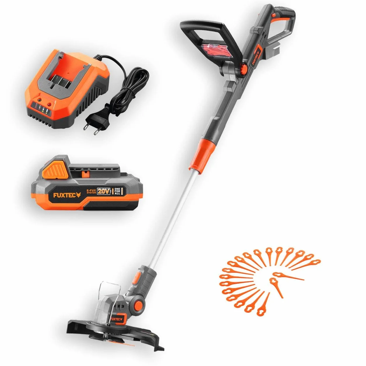 Podkaszarka Elektryczna FUXTEC z Akumulatorem 20V FX-E1RT20 - Akumulator Litowo-Jonowy 2Ah, Szerokosc Ciecia 25 cm, Lekka i Cicha, Teleskopowy Uchwyt