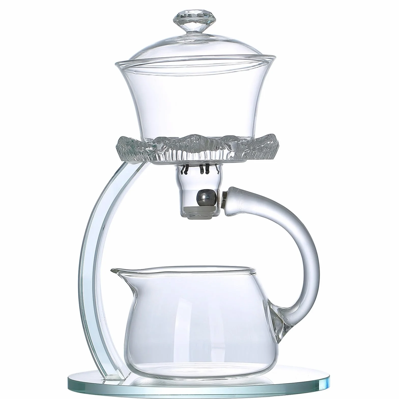 Półautomatyczny szklany czajniczek, Lazy Kungfu Drip Teapot z zaparzaczem, wzór kwiatu lotosu, żaroodporny szklany zestaw do herbaty, odpowiedni do recepcji w domu/biurze (przezroczysty,