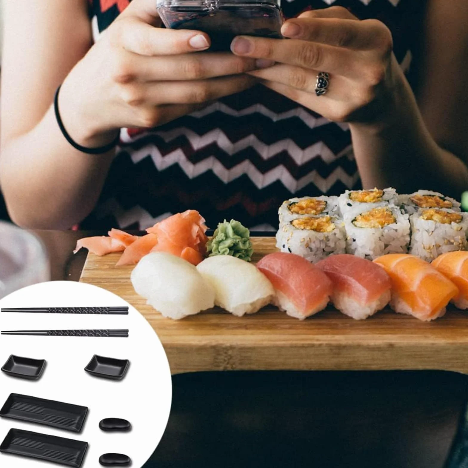 8-częściowy talerz do sushi łupek z miseczkami do dipów, 21 × 10 cm naczynia do sushi talerze łupkowe z pałeczkami, ławeczki do dipów talerze łupkowe dla 2 osób, SSCJTZ-001