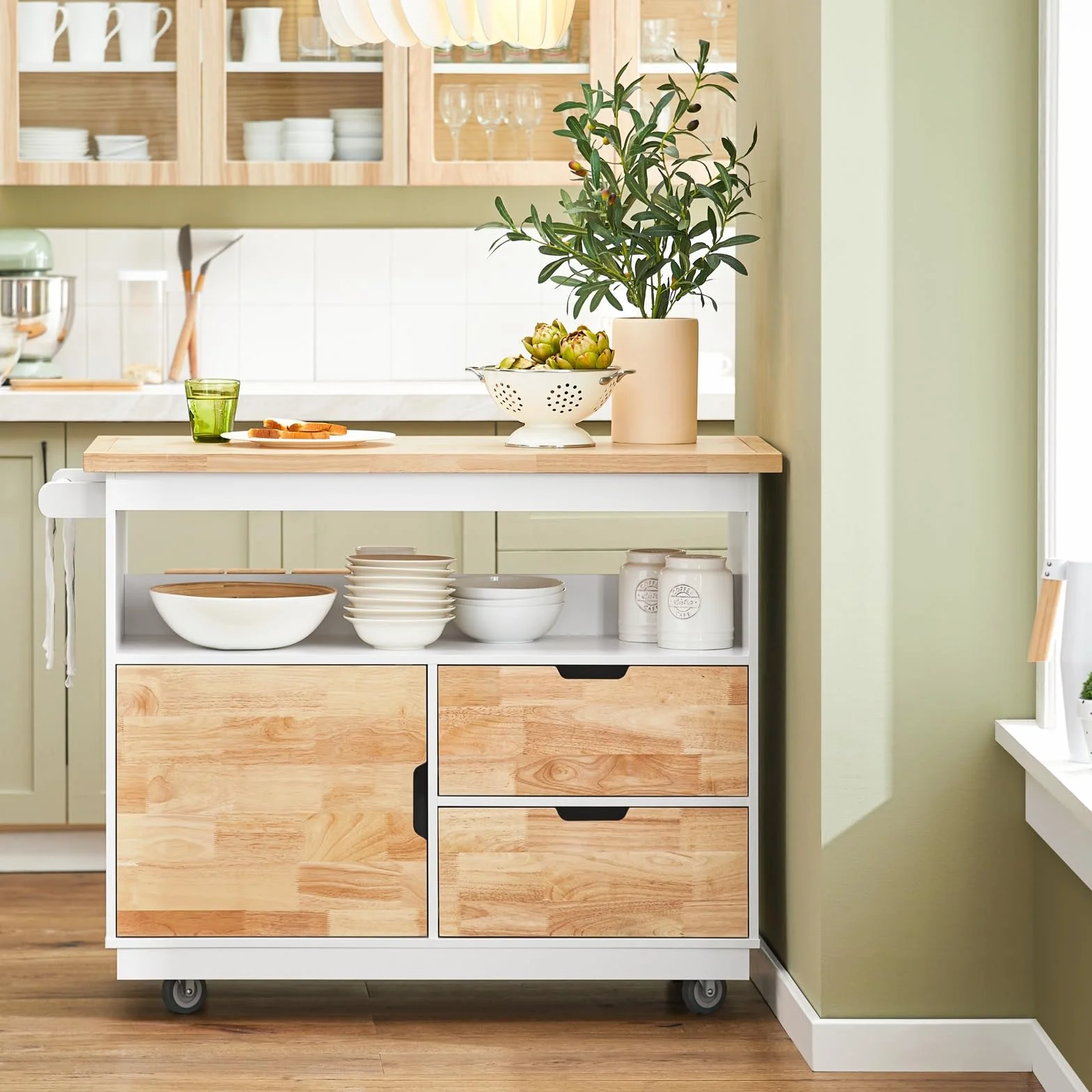 SoBuy FKW107-II-WN Wyspa kuchenna Szafka kuchenna na kółkach Z z 2 szufladami 110 x 91x 55 cm