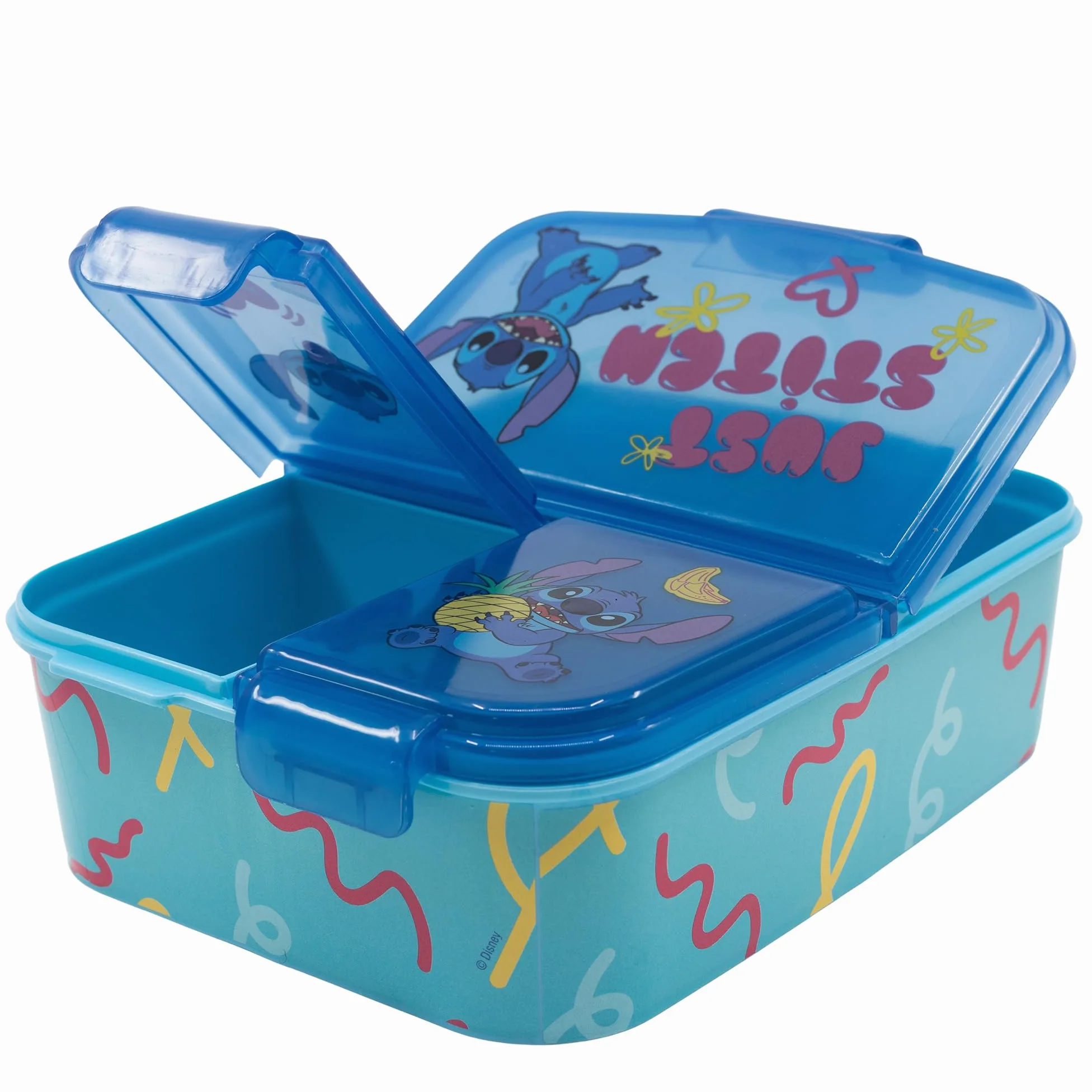 Stor Dziecięce pudełko kanapkowe Disney Stitch z plastikowymi przegrodami, bez BPA, nadające się do prania i wielokrotnego użytku, nie nadaje się do zmywarek i kuchenek mikrofalowych