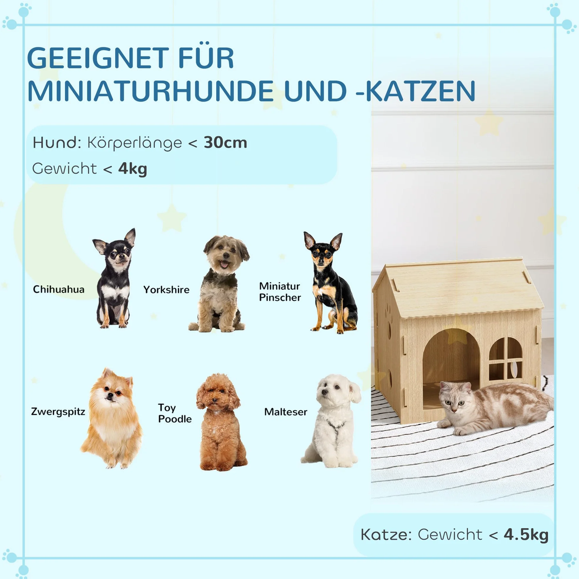 PawHut Buda dla psa z oknem, domek dla kotów z uroczym wzorem łap, montaż bez śrub, dla małych psów poniżej 4 kg, do wnętrz, 49,5 x 41 x 51 cm, dąb