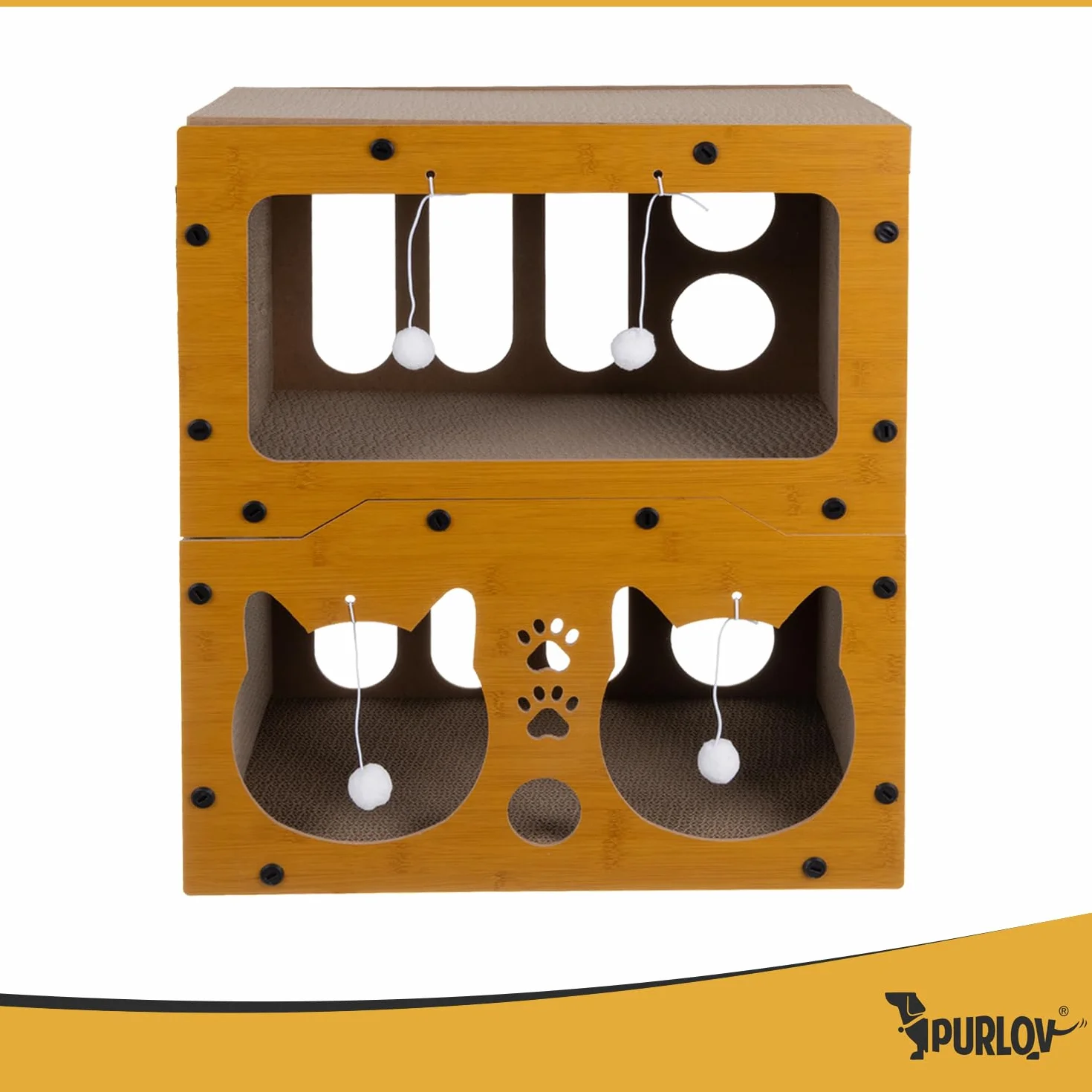 Purlov Drapak dla kotów 3 w 1 z 2 poziomami HDF tektura falista meble do drapania miejsce do spania dla 1-2 kotów 51,5 × 45,5 × 28 cm