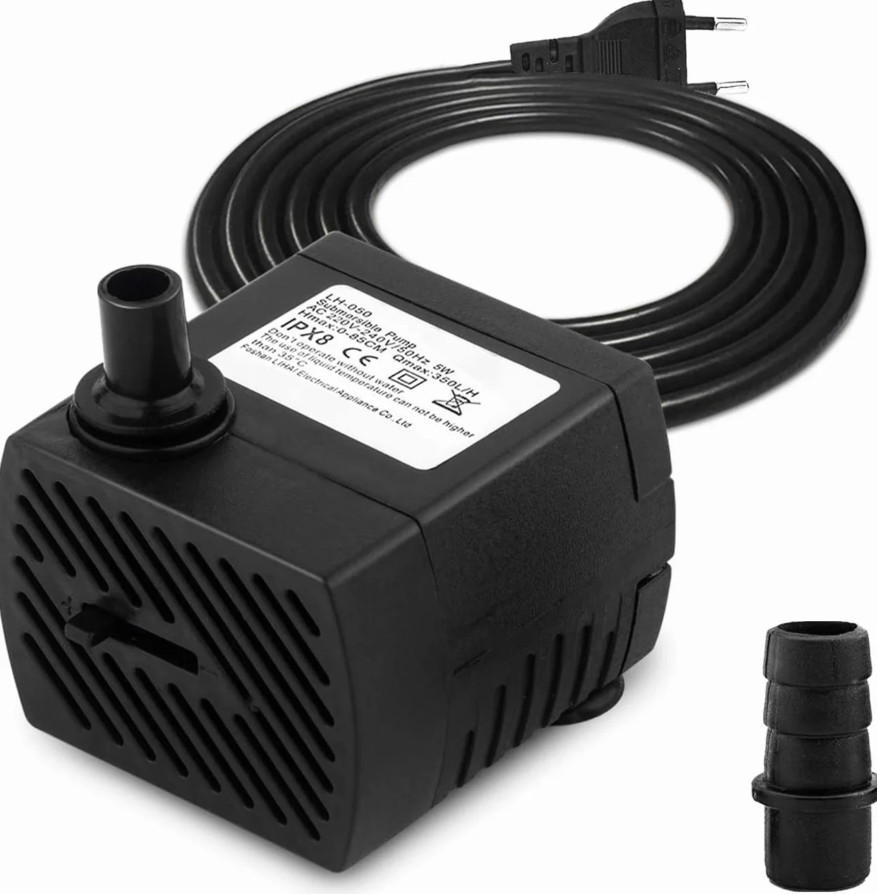 CAM2 Mini pompa wodna, bardzo cicha pompa do akwarium z kablem sieciowym 1,5 m, 350 l/h, 5 W, mała pompa głębinowa, 2 dysze do akwarium, stawu, ogrodu, studni