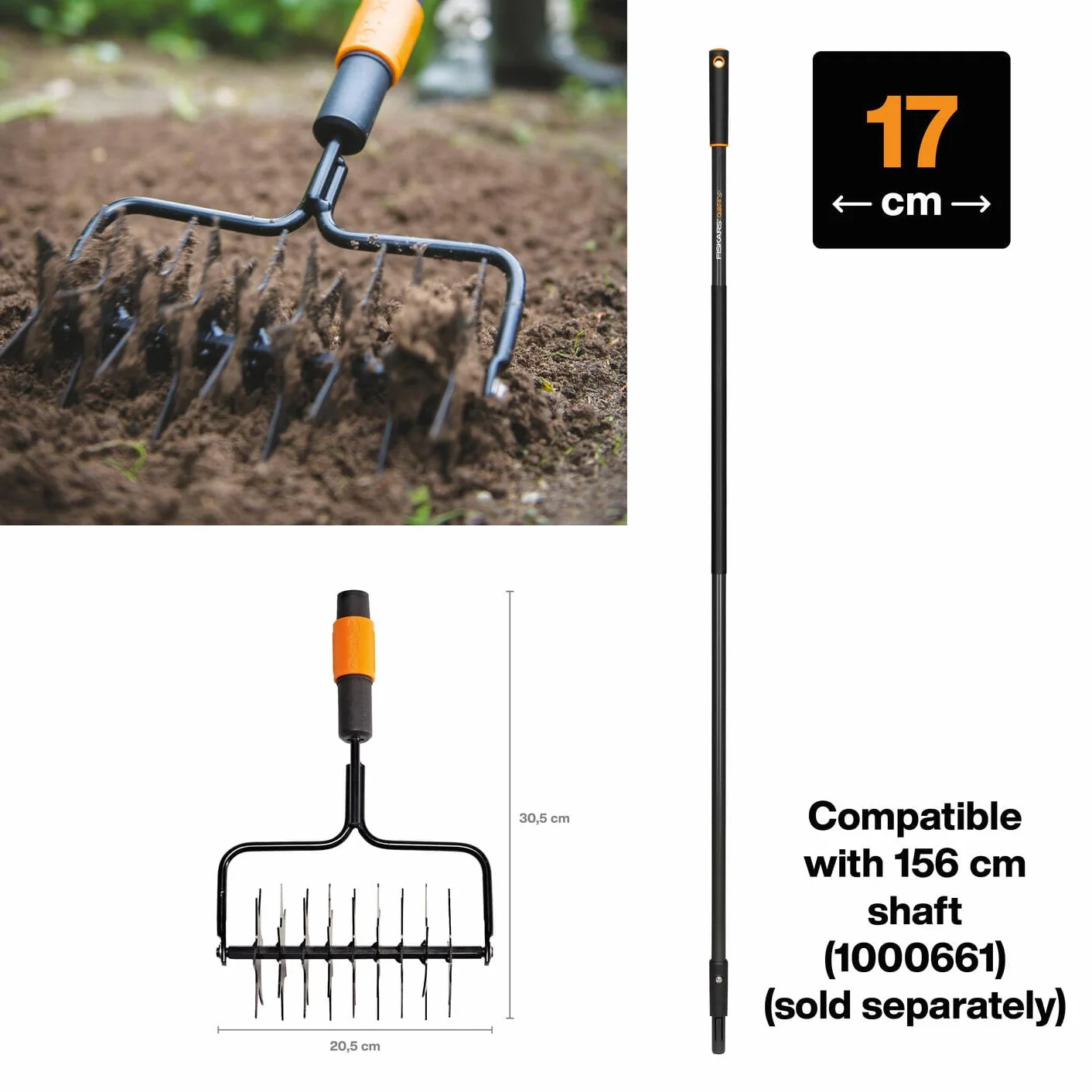 Fiskars Aerator obrotowy, Głowica, Szerokość: 20,5 cm, stal, Czarno-pomarańczowy, QuikFit, 1000689