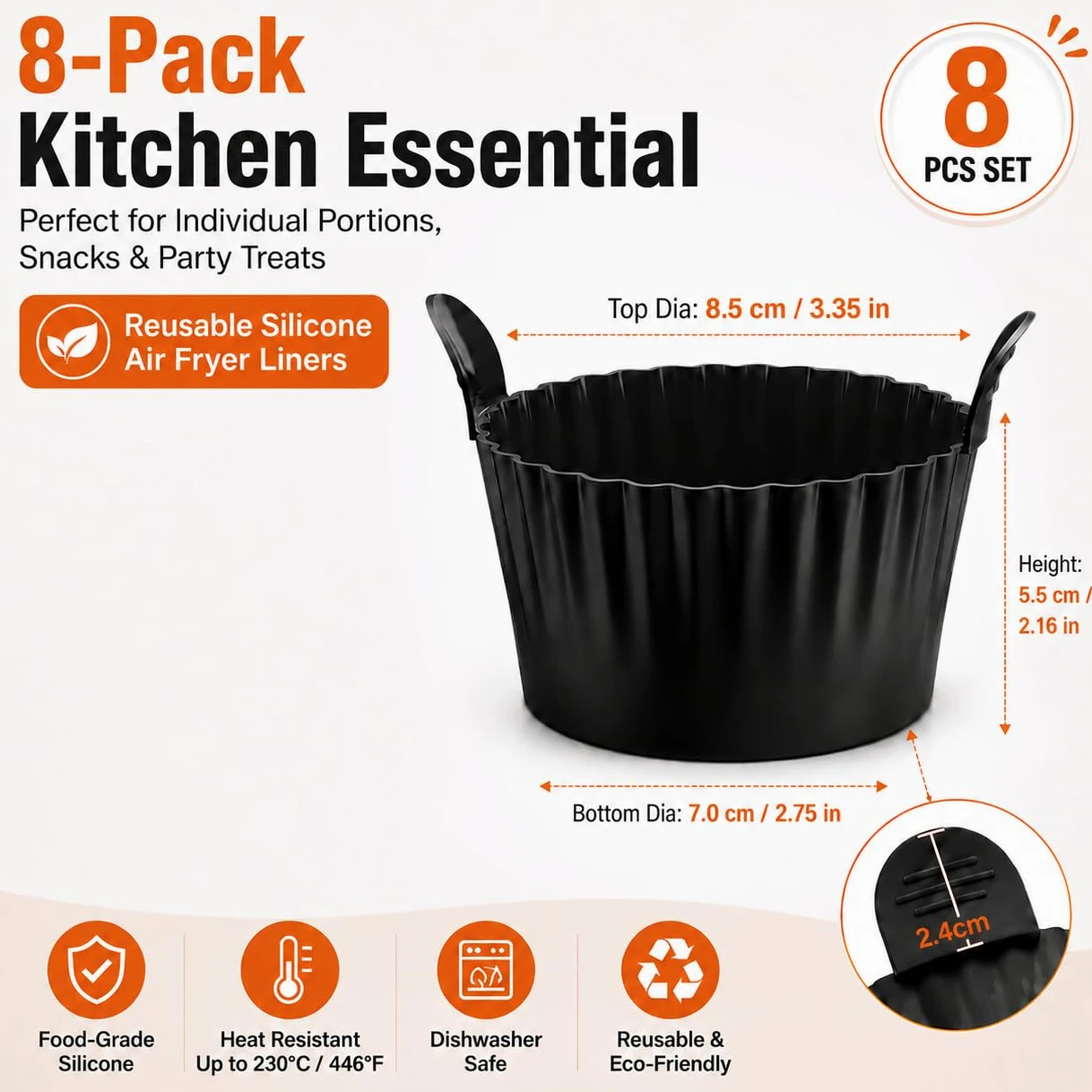 Zestaw 8 silikonowych foremek do muffinek Airfryer z uchwytami, silikonowa forma do muffinek do frytkownicy powietrznej, nieprzywierające foremki do zapiekanek do frytkownicy powietrznej, piekarnika i