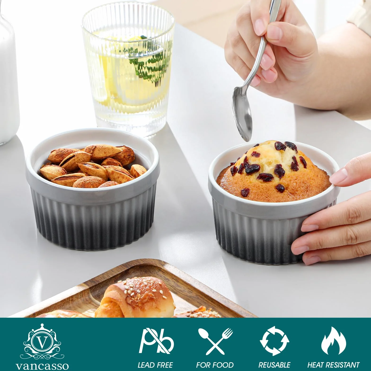 vancasso Ramekiny z pokrywkami, 6 x 260 ml, ramekiny i foremki do dmuchania z porcelany, Ramekin Creme Brulee do babeczek i ciast, ramekin, piekarnik do kremów, sos, owoce, Ø10,1 cm - szary