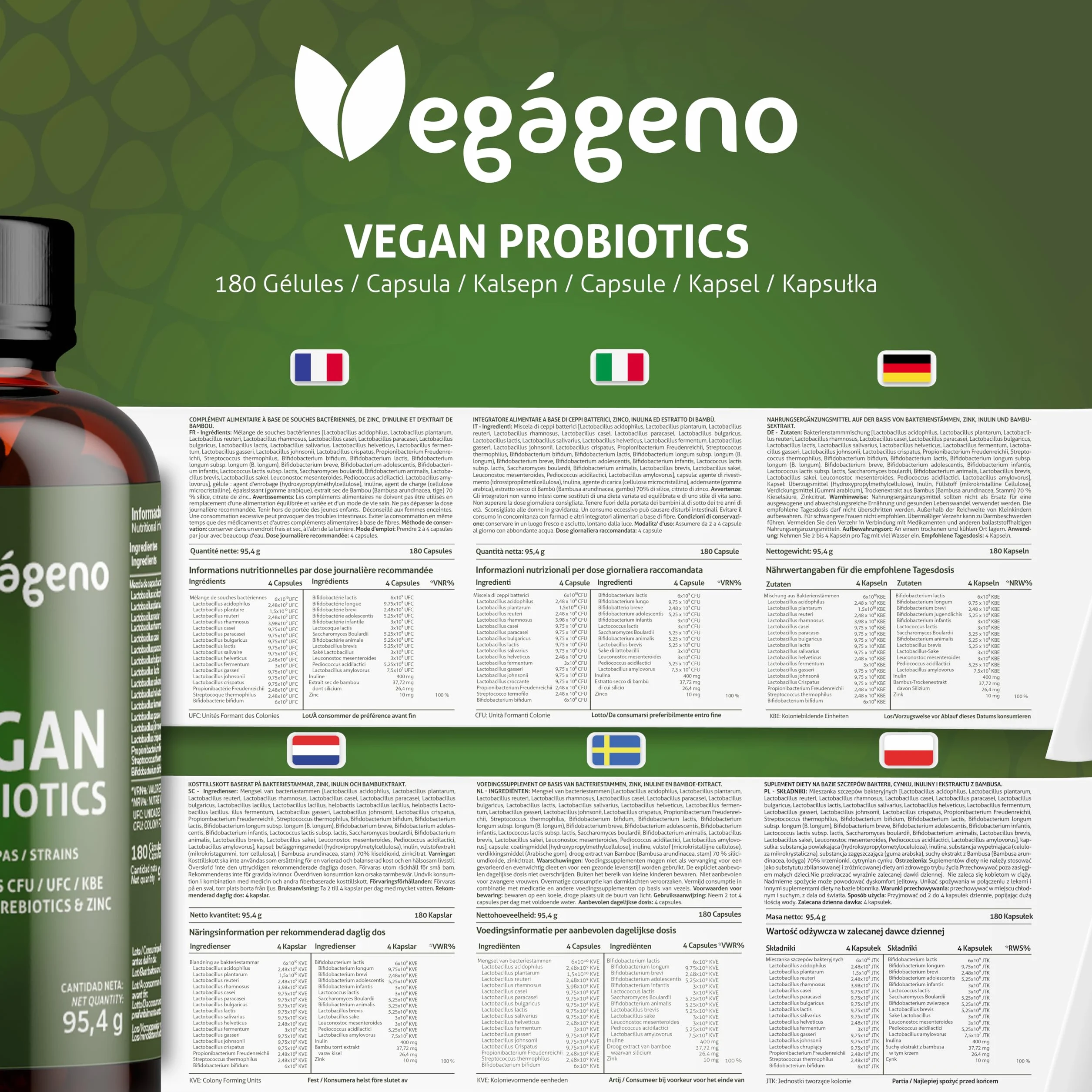 Probiotyki Vegageno 180 kapsułek 30 szczepów 80 miliardów CFU kompleks kultur jelitowych