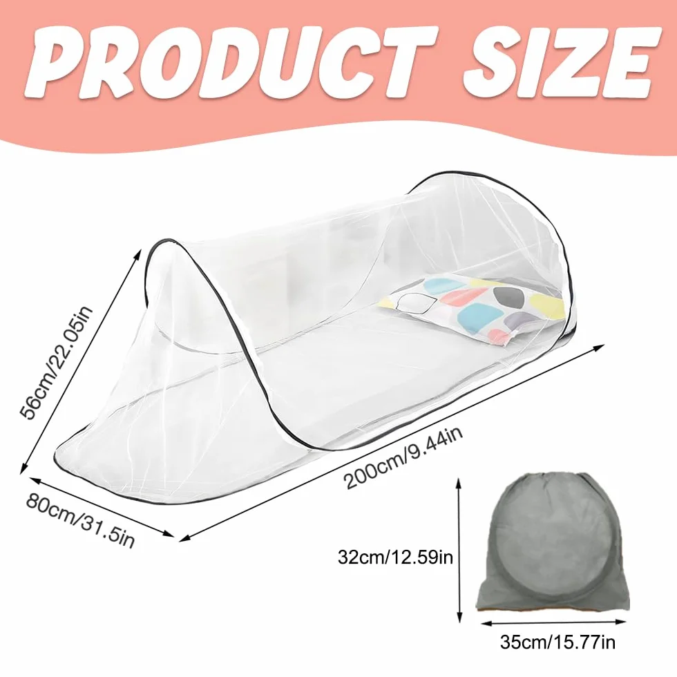 Moskitiera Pop Up, Afenau 200 x 100 x 70 cm, moskitiera podróżna z zamkiem błyskawicznym, składana, moskitiera podróżna, moskitiera do łóżka, ponownego użytku, moskitiera do kempingu, do domu