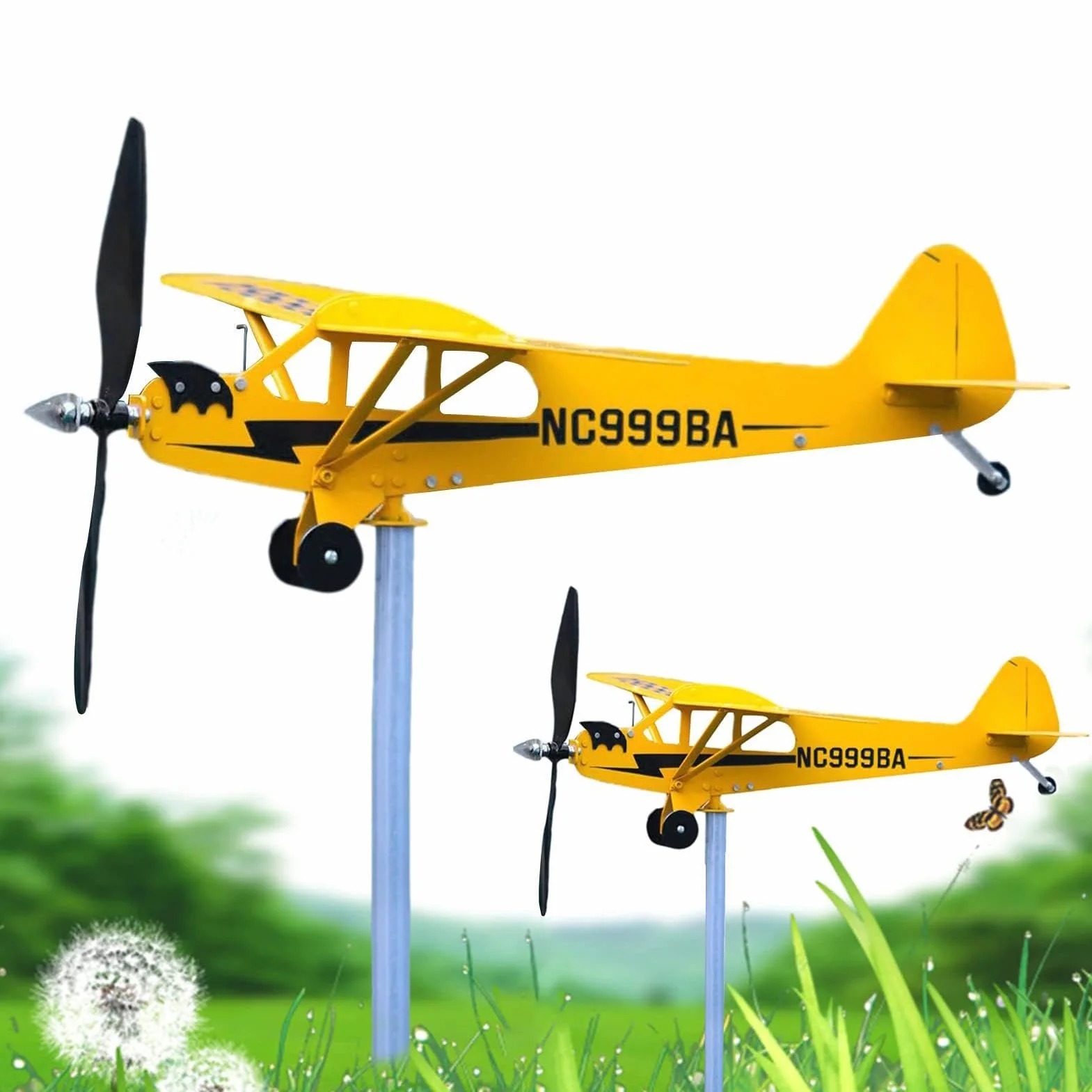 Piper J3 Airplane Weathervane Windmill New Airplane Wind Spinsner Metalowy wiatrak wiatrowskaz, wiatraki na podwórko ogrodowe słupki ozdoby, metalowa dekoracja wiatrowskazu