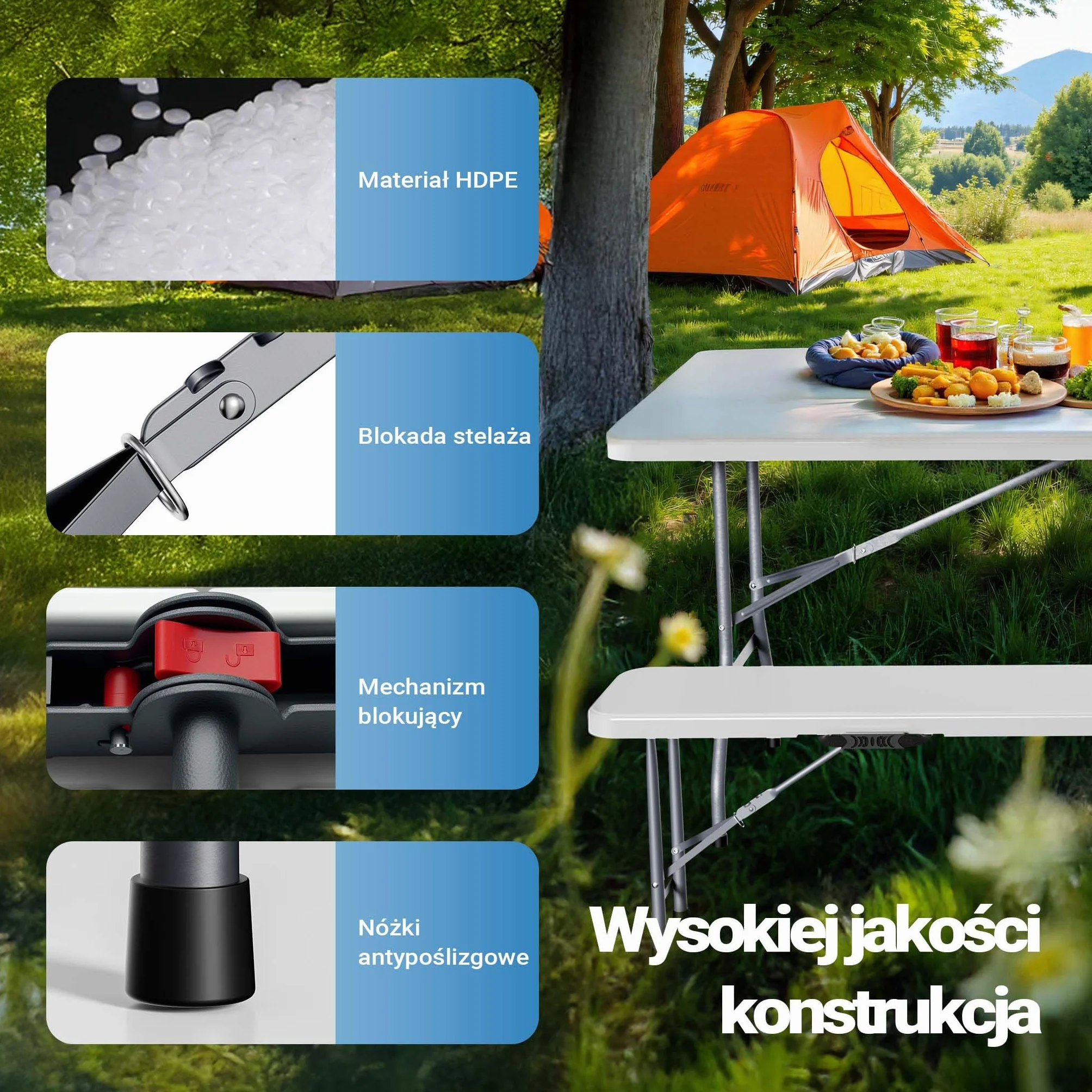 Wiltec Składana ławka cateringowa, bankietowa, turystyczna 180x30x43 cm, ława ogrodowa z uchwytem, siedzisko kempingowe składane do ogrodu i na biwak
