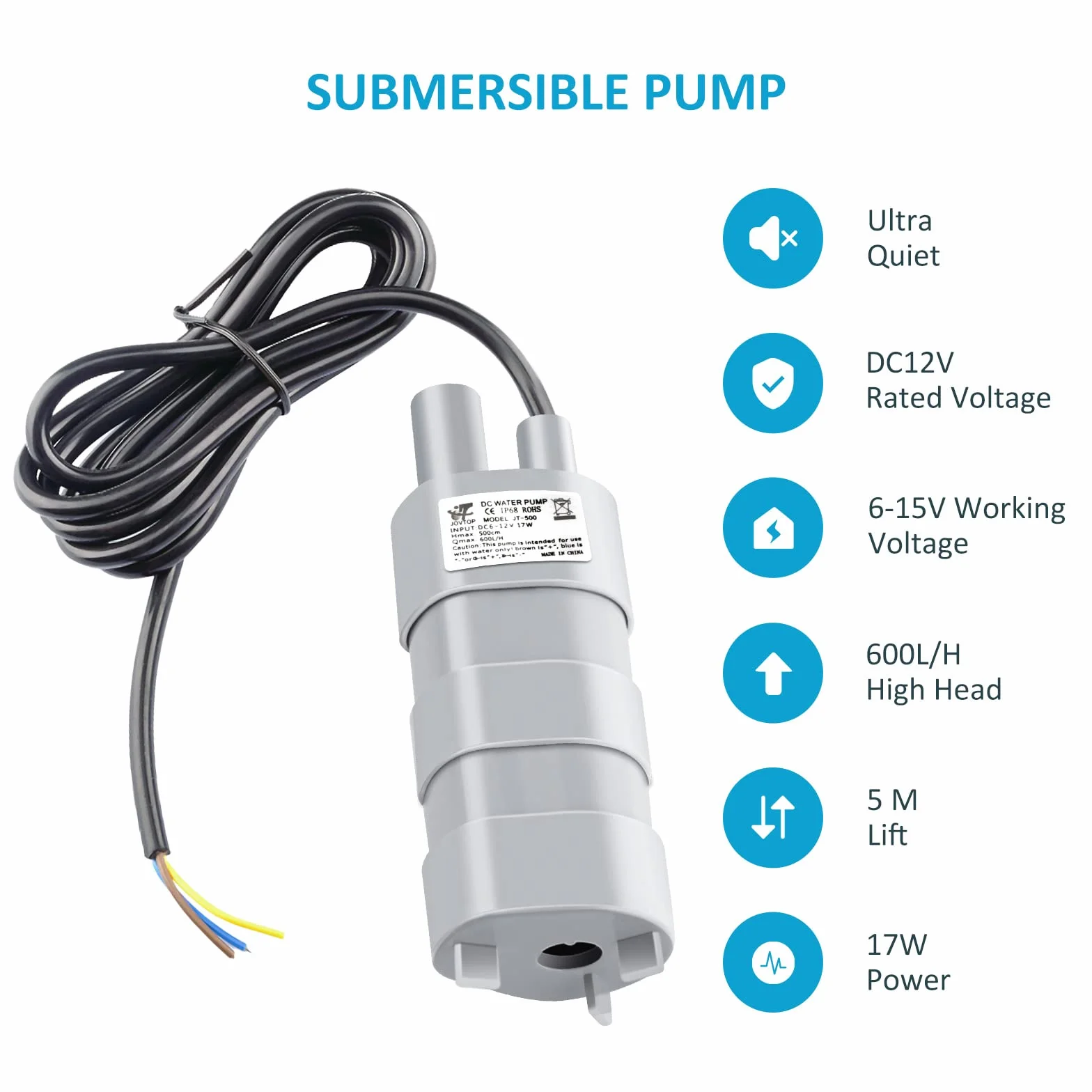Aideepen JT-500 pompa zanurzeniowa DC 12 V, maksymalna wysokość 5 m z kablem 1,5 m, pompa wodna 600 l/h, do akwarium, basenu, stawu, podlewania ogrodu, na kemping, do przyczepy kempingowej