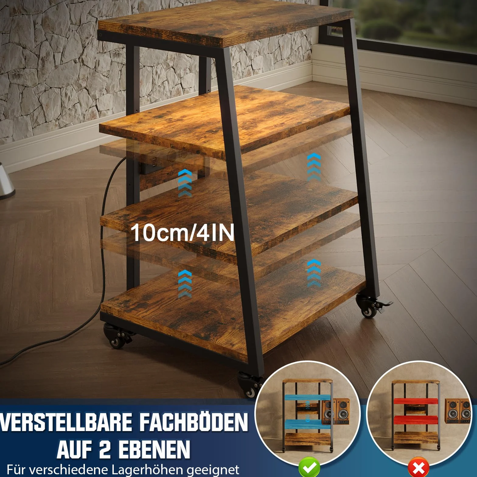 4-poziomowy stojak HiFi | z listwami zasilającymi i regulowaną półką | 4 obrotowe kółka i 2 lampy LED (sterowanie APP) | 60 x 51 x 85 cm stół na gramofon stojak na media regał HiFi z drewna i stali