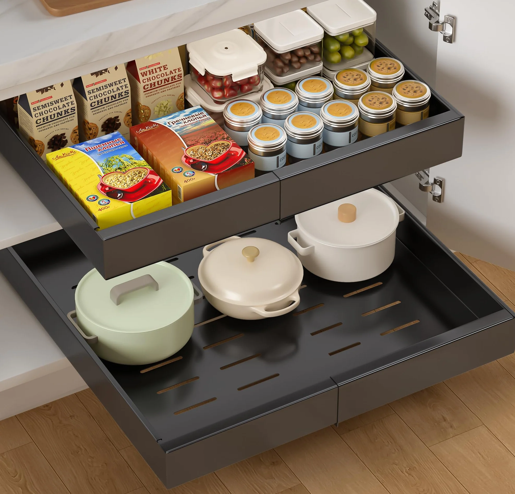 Wysuwana szuflada kuchenna 2 sztuka, przechowywanie kuchni i organizacja bez dziurkowania do organizacji szafek kuchennych, azienki, regulowana szeroko od 32 do 52 cm, Czarny