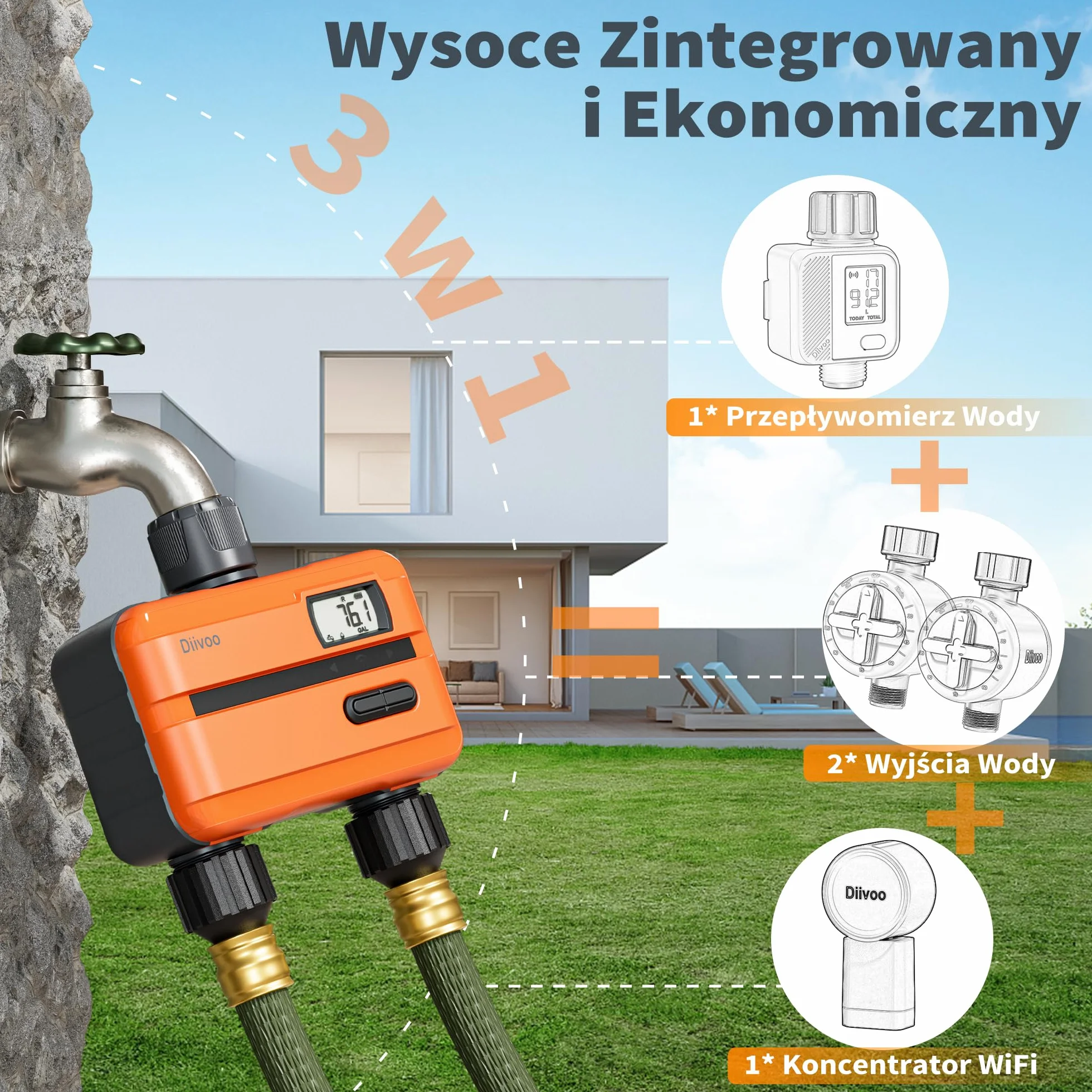 Diivoo 2-drożny timer nawadniania WiFi, miernik przepływu wody, inteligentny komputer nawadniający z aplikacją i 8 programami nawadniającymi, kontroler automatycznego nawadniania ogrodu