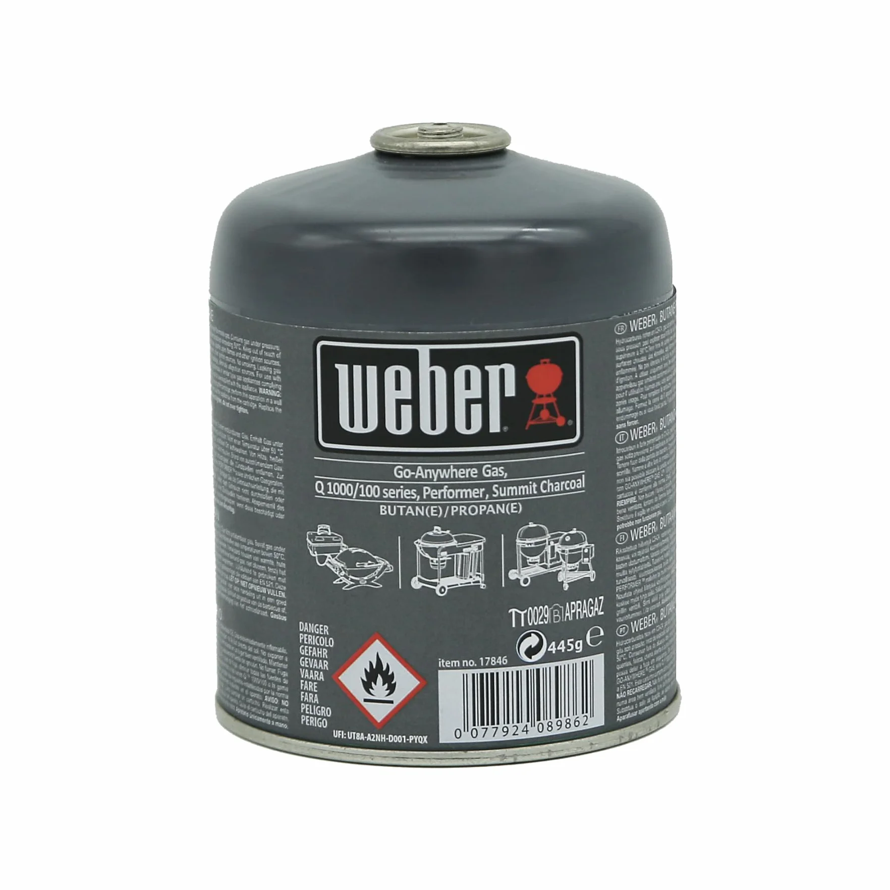 Weber Wkład gazowy - jednorazowy do butanu/propanu serii Q 100/1000/120/1200, Go-Anywhere Gas, seria Traveler, Slate 43, Summit Charcoal & Performer, czas palenia 3-4 godzin (17846)