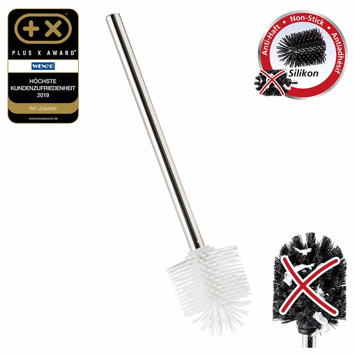 WENKO Silikonowa szczotka zamienna do WC – zamienna szczotka do toalety z efektem nieprzywierającym, stal nierdzewna, 7,5 x 35 x 7,5 cm; Błyszczący/Biały; bez oczyszczacza krawędzi