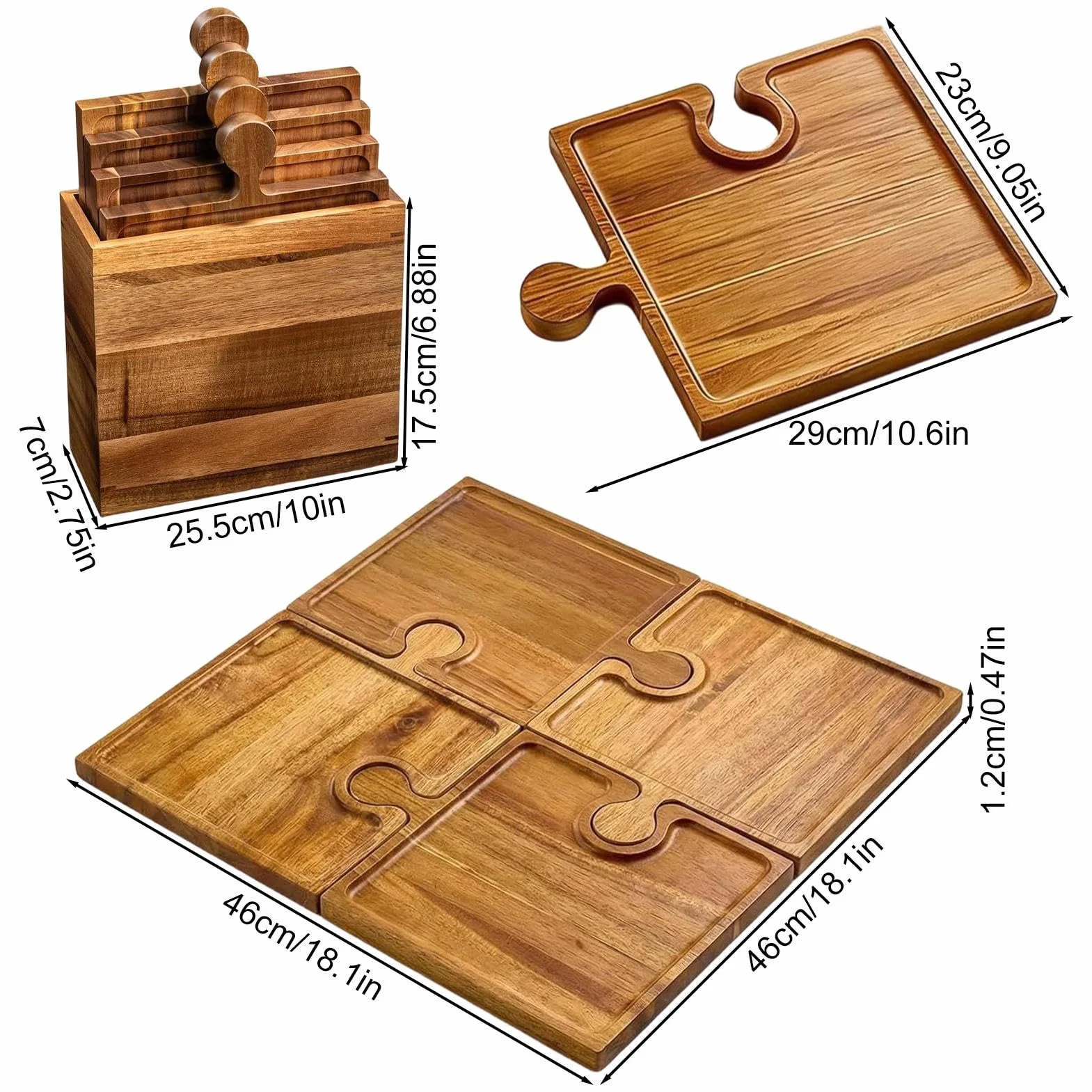 Zestaw Desek do Serów 4-Częściowy Drewniany Komplet z Uchwytem | Kuchenna Deska Serów w Kształcie Puzzle Do Przekąsek, dla Rodziny, do Mieszkania, na Kemping, Piknik i Przyjęcie Domowe