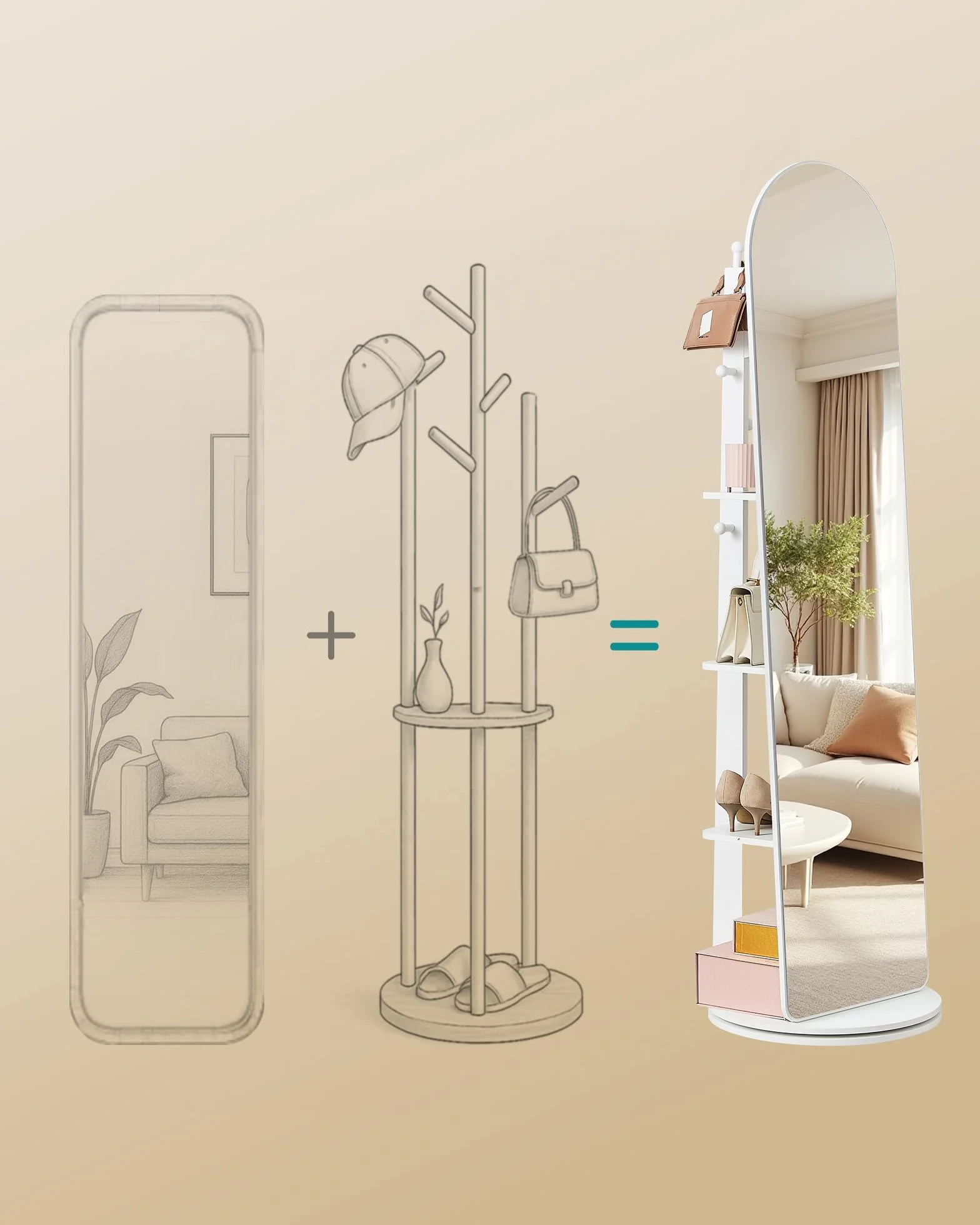 SONGMICS Lustro stojące, obracane o 360°, 163 x 45 cm, z cokołem, półkami i haczykami, przezroczyste szkło hartowane, do sypialni, salonu, lustro wypukłe, białe chmury LFM037WB01