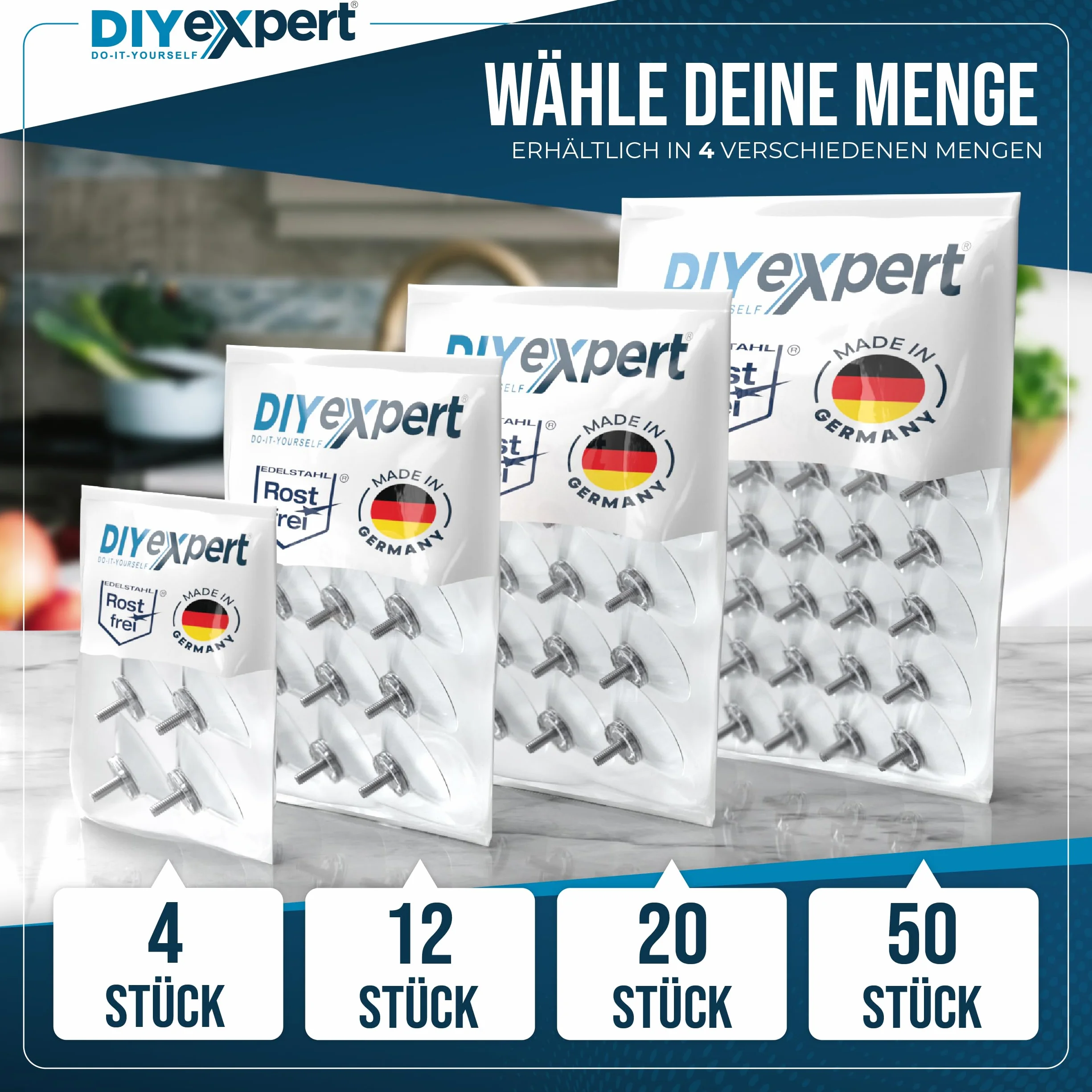DIYexpert® 4 x przyssawka Ø 40 mm, z gwintem M4 x 10 mm, w zestawie nakrętki radełkowane przezroczyste - wyprodukowano w Niemczech