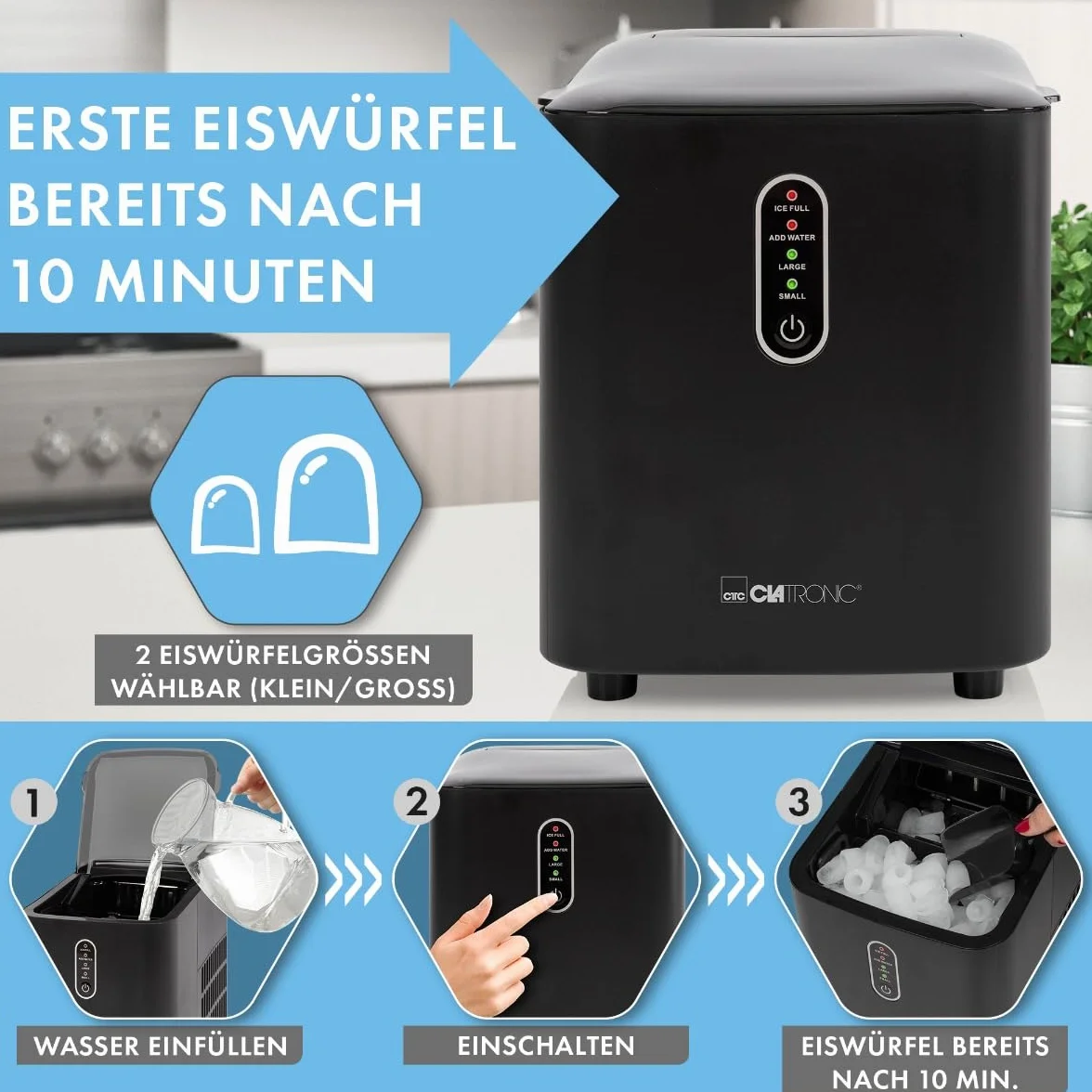 Clatronic® EWB 3798 Ice Cube Machine Fast Production - Ice Cube in 10 Minutes | Up to 10 kg of Ice in 24 Hours | Ice Cube Machine with 2 Ice Cube Sizes and 1.1 L Water Tank | Includes Ice Scoop