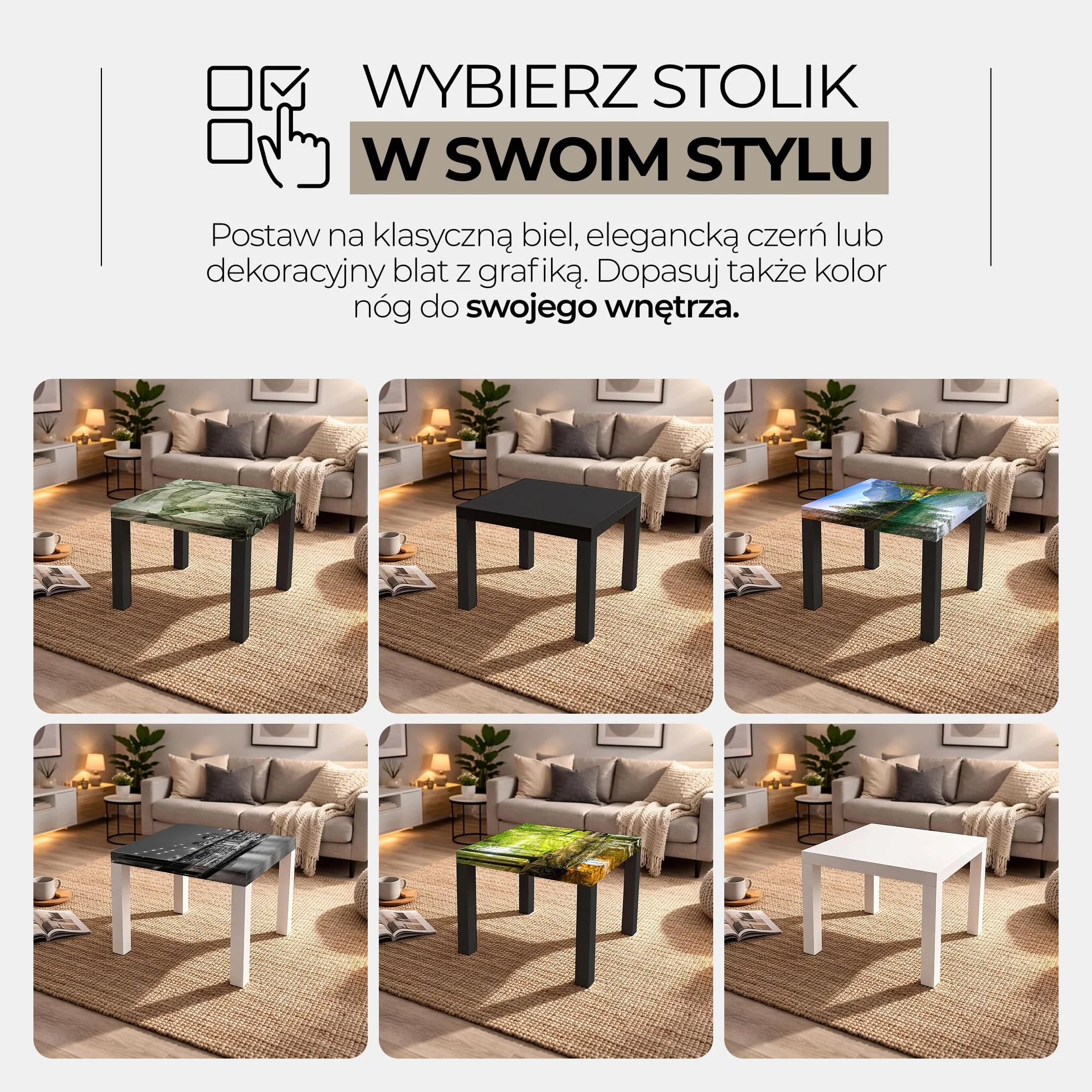 Nowoczesny stolik kawowy biały i czarny ze wzorem – mały stolik do salonu 55 x 55 cm – kwadratowy stolik kawowy – mini stolik i stolik kawowy – czarny