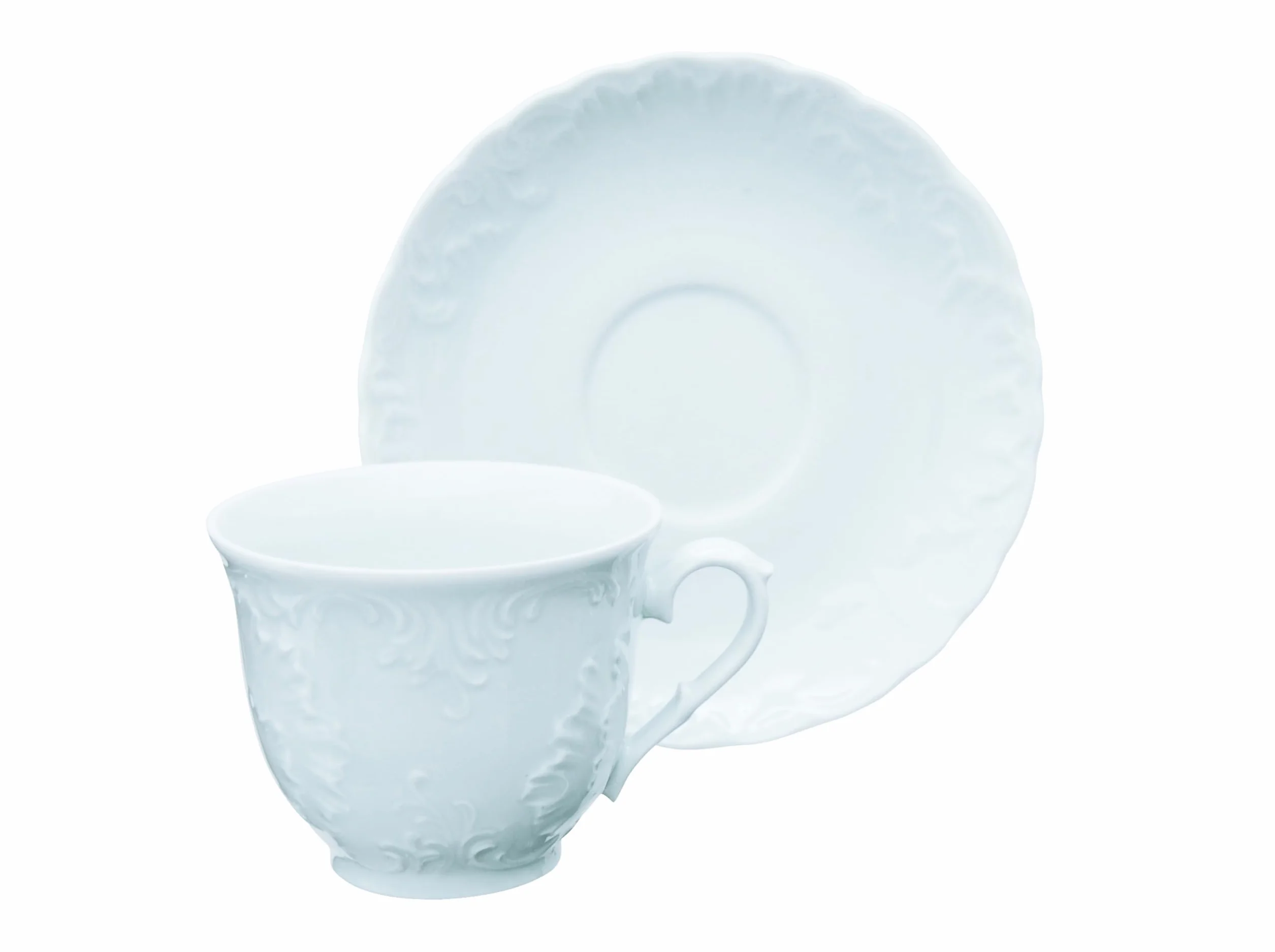 Excelsa Elisa Rococò zestaw 6 filiżanek do herbaty ze spodkiem, pojemność 210 ml, biały, porcelanowy, wytłaczany wystrój