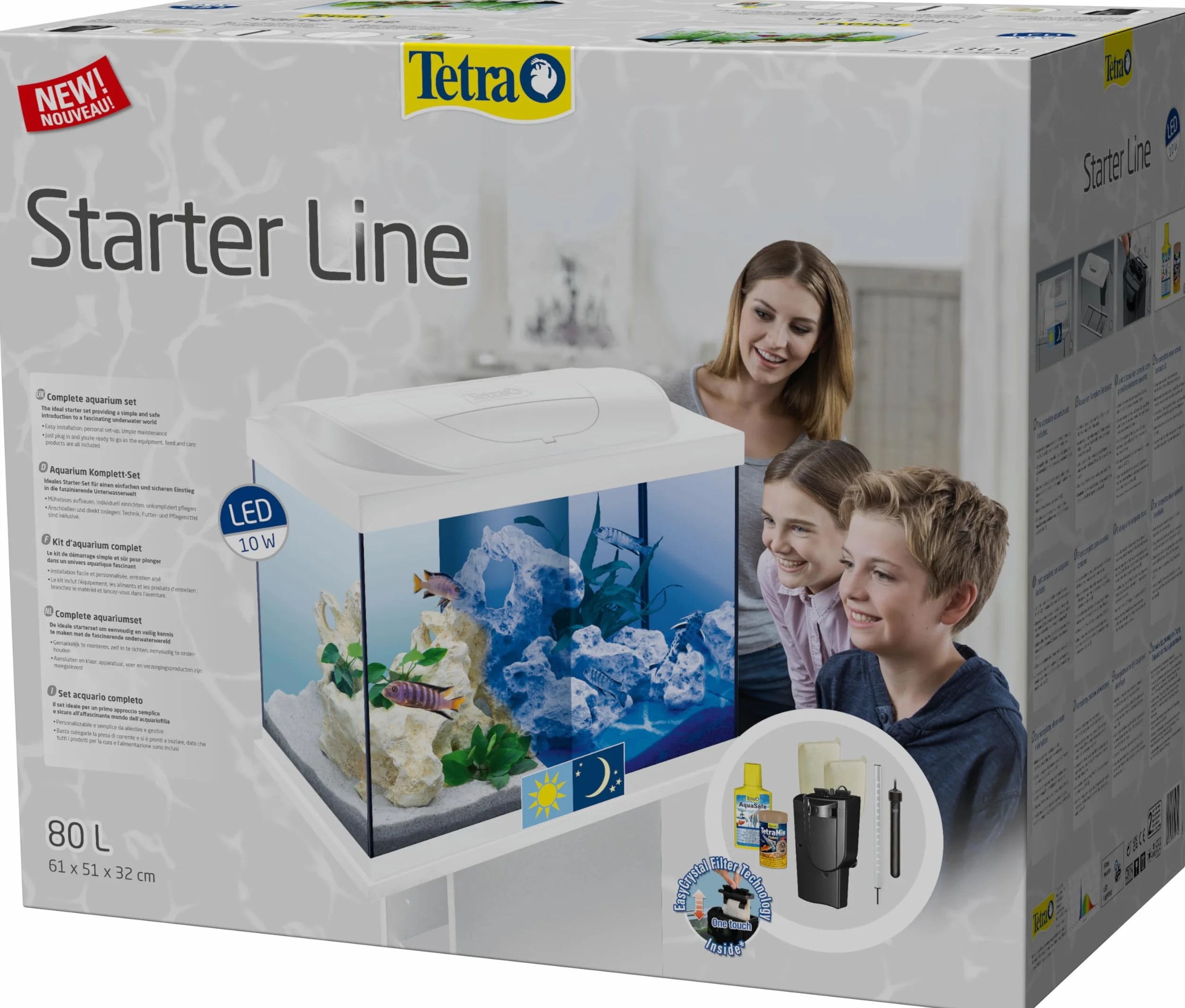 Tetra Starter Line 80 l akwarium białe, kompletny zestaw – wraz z oświetleniem LED, filtrem wewnętrznym, podgrzewaczem, karmą dla ryb i uzdatniaczem wody