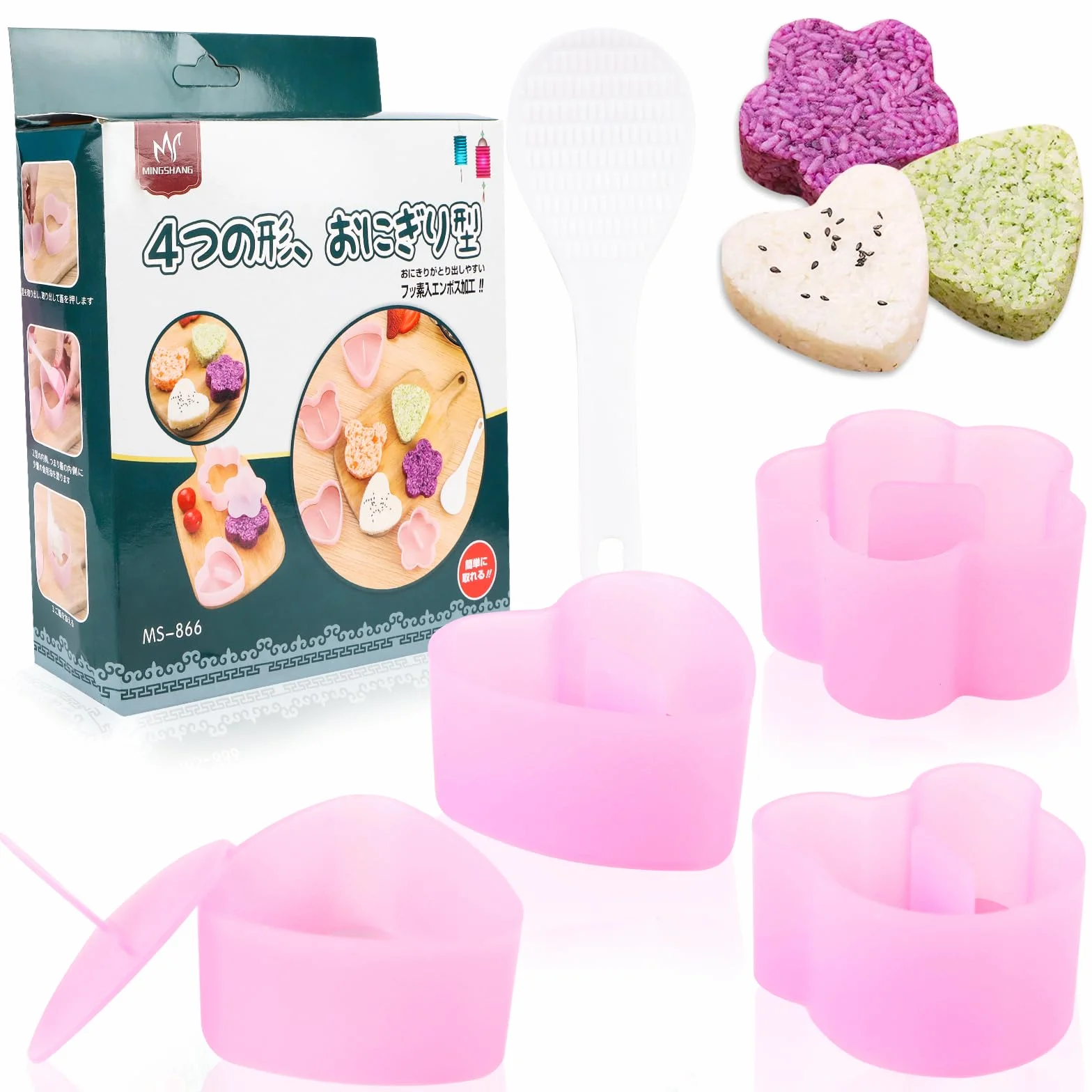 AKONE Foremka do Sushi Onigiri - Trójkątna Prasa do Robienia Kulek Ryżowych, 4 Sztuki z Szpatułką, Akcesoria DIY