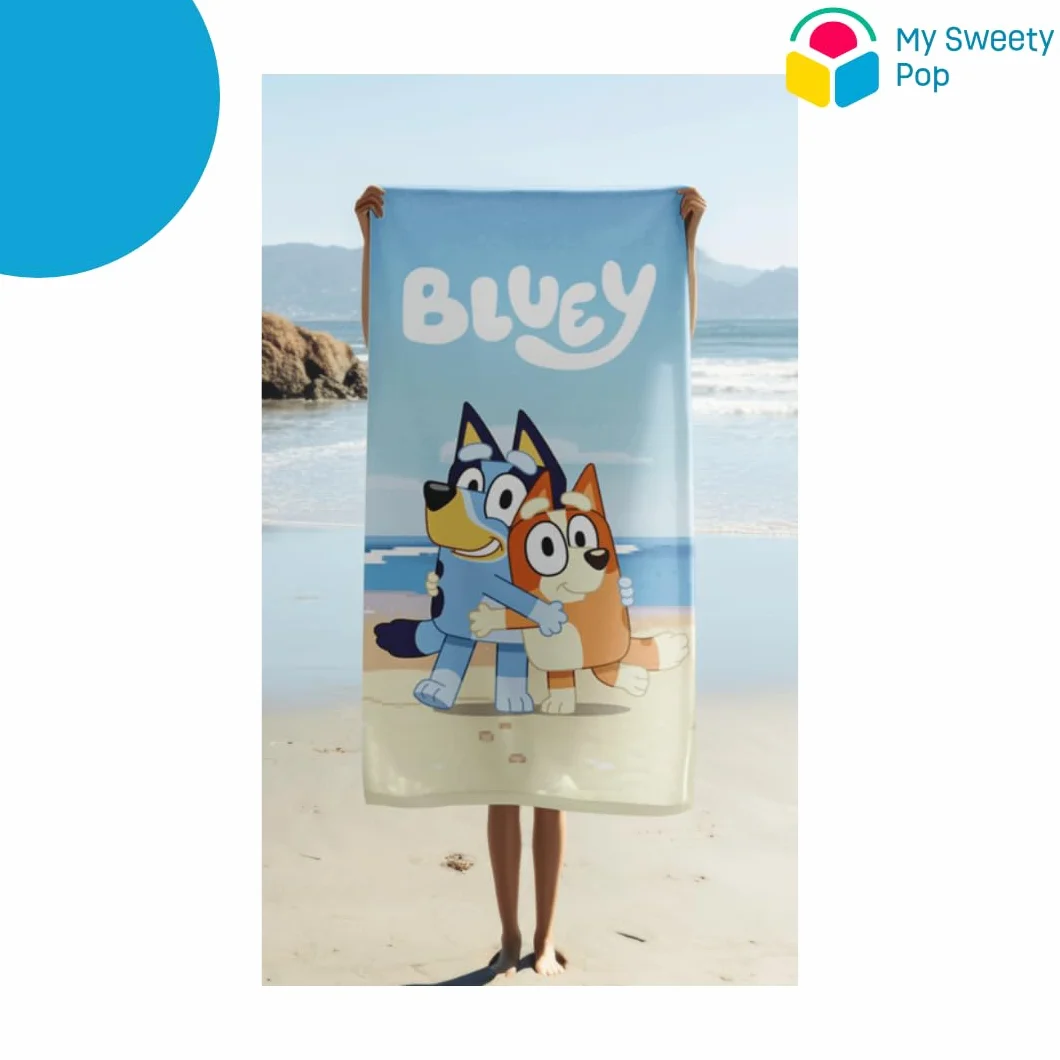 Ręcznik plażowy bluey - Ręcznik kąpielowy - Dzieci - 70 x 140 cm - 100% Bawełna - Wakacje - Pomysł na prezent - Niebieski - Niebieski/Piaskowy - Pies - Lis