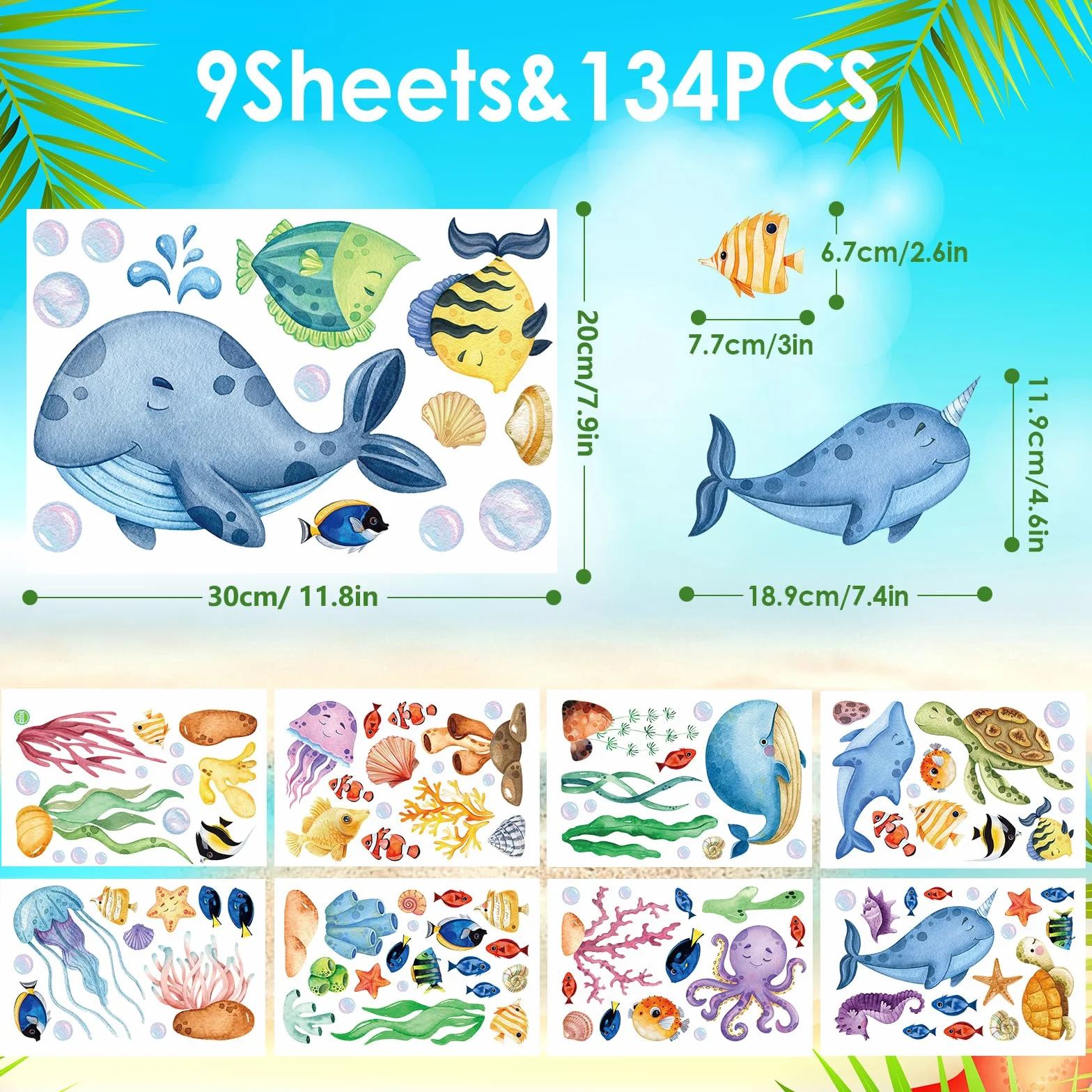 Hianjoo letnie naklejki na okna, 9 arkuszy, 134 szt., naklejki na okna pod morzem, ocean, zdejmowane, dwustronne, statyczne morskie świat, zwierzęta, żółw morski, dekoracja okna, do dekoracji domu