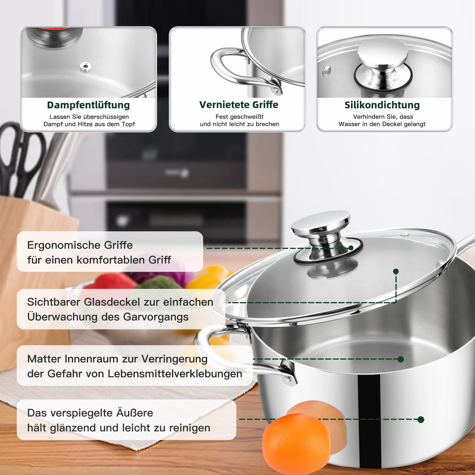Garnek, Onader 3-warstwowy ze stali nierdzewnej, indukcyjny, 3,3L, garnek do makaronu, garnek na zupę ze szklaną pokrywką dla wszystkich rodzajów kuchenek, zdrowy i odporny na mycie w zmywarce - 20cm