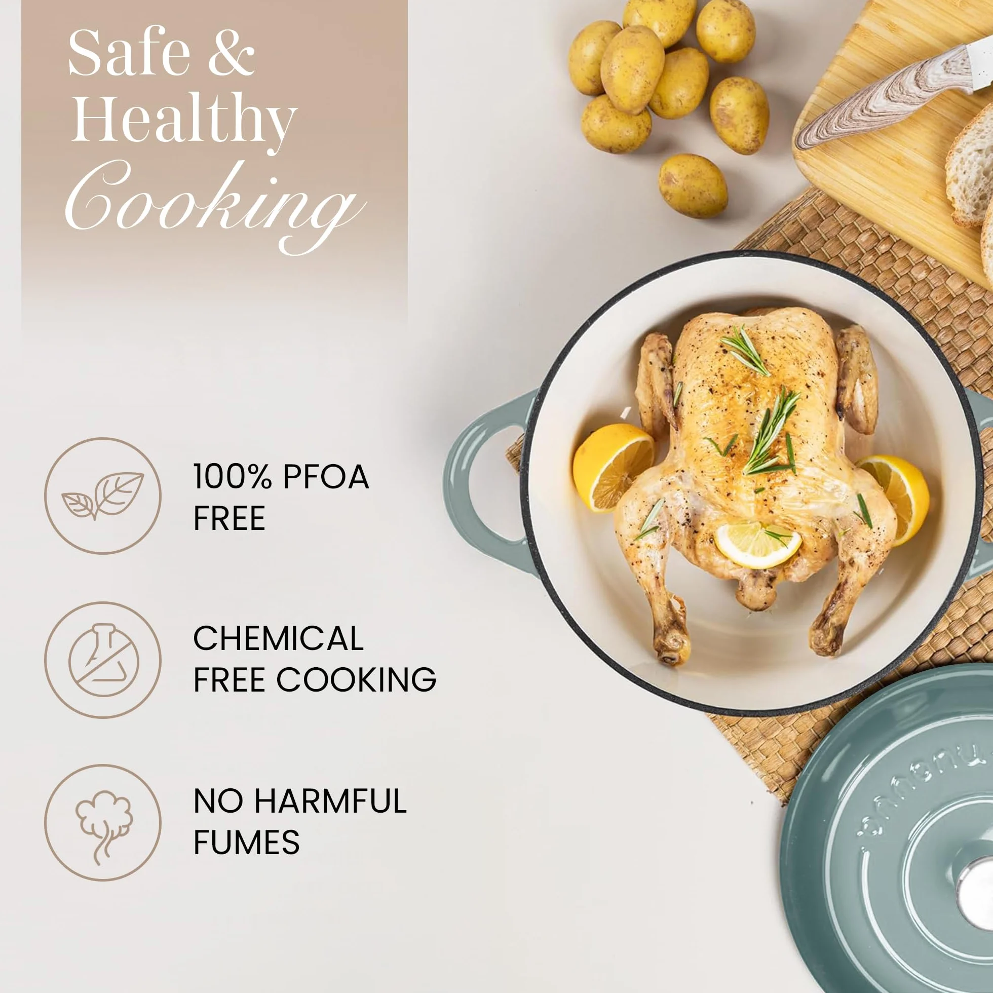 Garnki z Żeliwa z Pokrywką – Emaliowane, Nieprzywierające, Odporny na Piekarnik do 500° F – Solidne Garnki Holenderskie – Sól morska, 6.4 Quart, 28cm – od Nuovva
