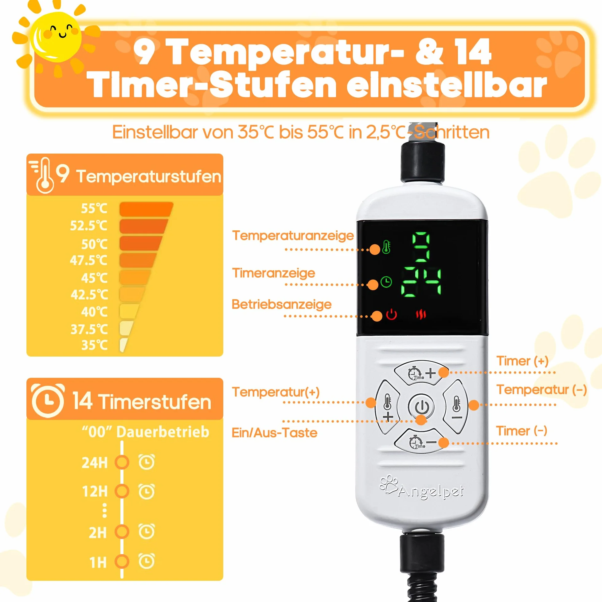 Angelpet Mata Grzewcza dla Psów i Kotów XL 60x90 cm – Elektryczna Mata Grzewcza z 9 Temperaturami, 14 Timerów, Kabel antygryzący 1,8 m, 2 Pokrowce