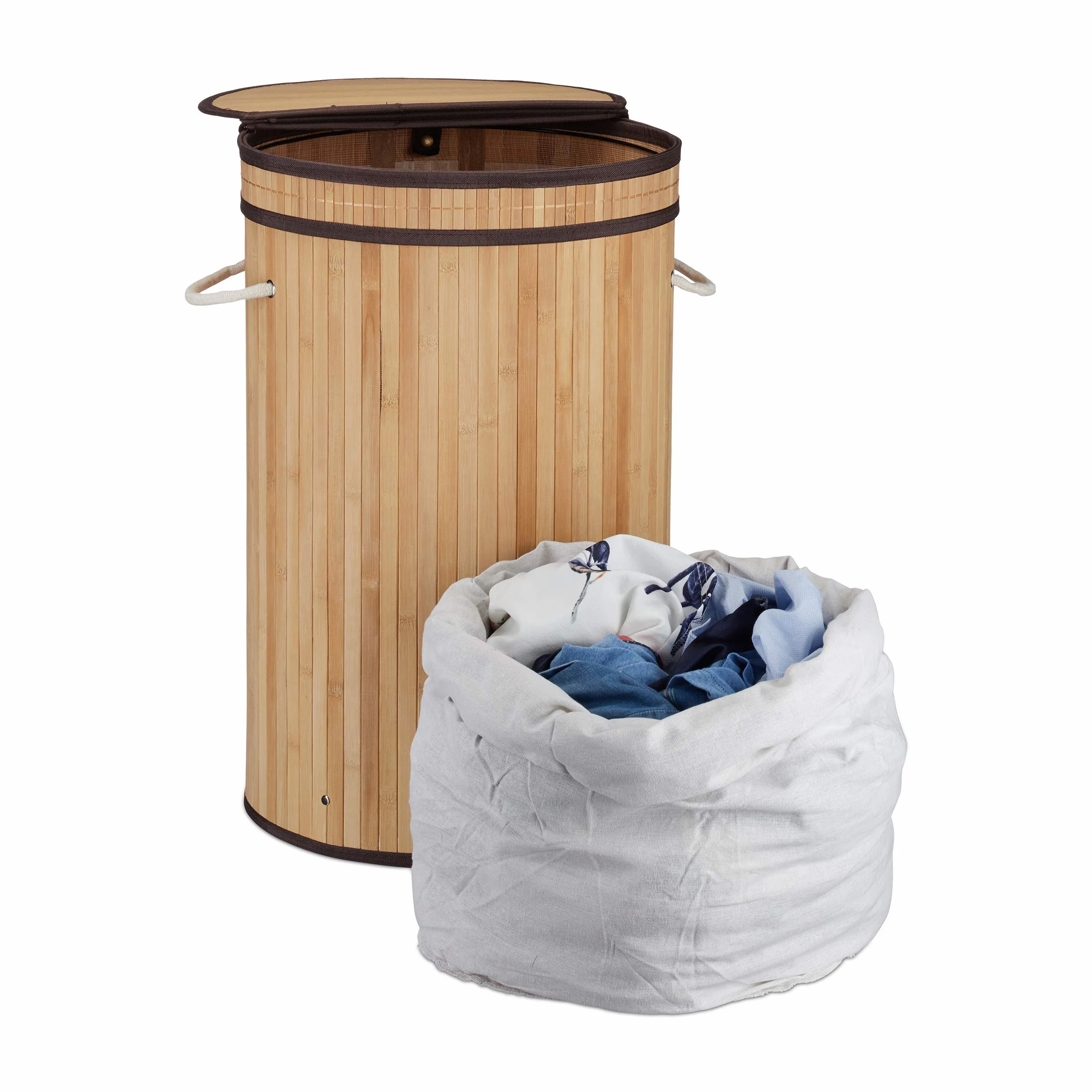 Relaxdays Bambusowy kosz na pranie, okrągły kosz na pranie z pokrywą na zawiasach, 65 l, składany pojemnik na pranie, okrągły, Ø 40 cm, naturalny