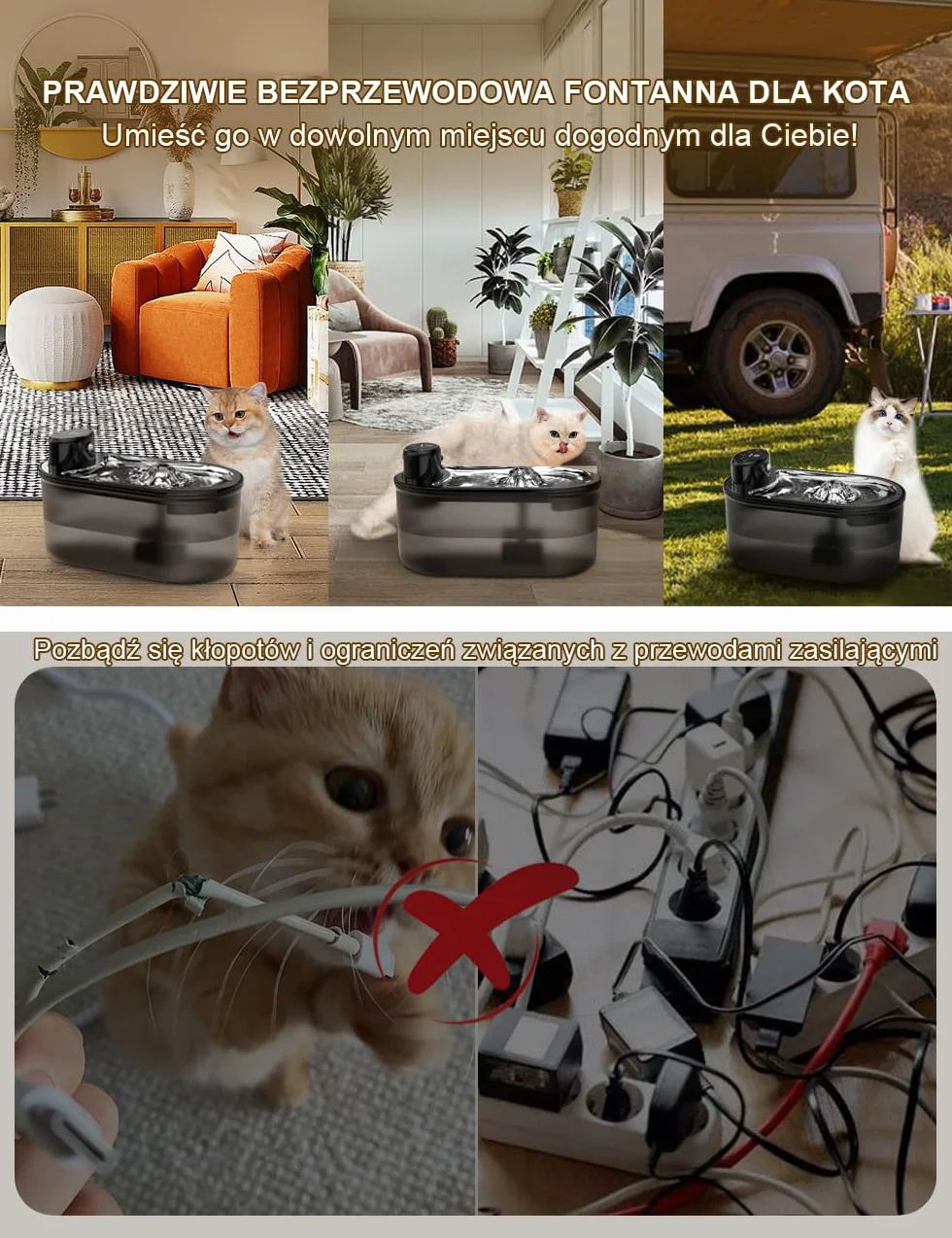 TOMXCUTE Bezprzewodowa fontanna dla kota 3 l czujnik ruchu bateria 5000 mAh czarny