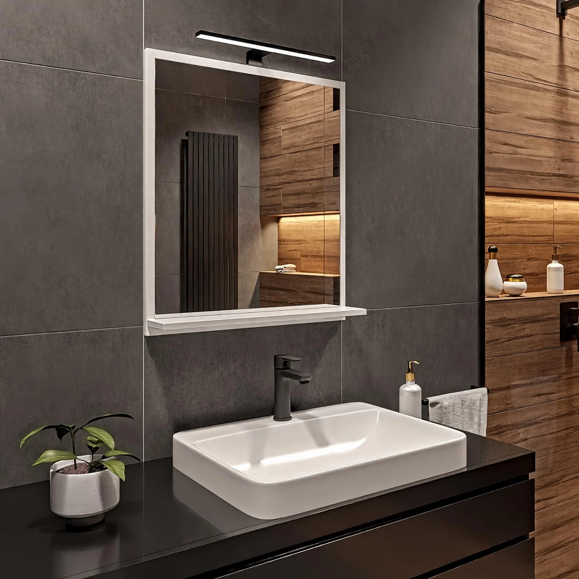 Lustro Łazienkowe LED z Półką 60 x 70 x 12 cm, Białe, Prostokątne, Neutralne Światło 4000 K, Wodoszczelne IP44, Wiszące Lustro Ścienne Podświetlane, Obudowa LED Czarna