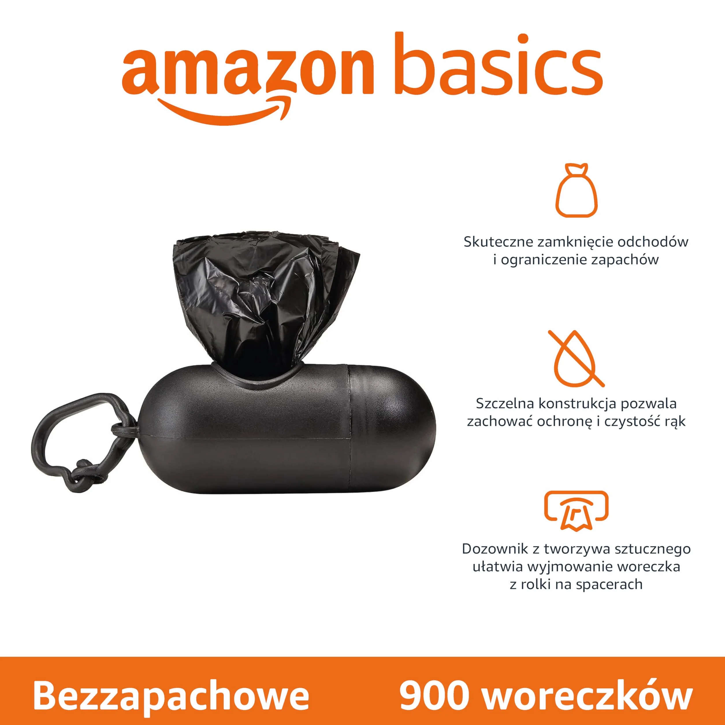Amazon Basics Worki na psie odchody z podajnikiem i klipsem do smyczy, bezzapachowe, 900 worków